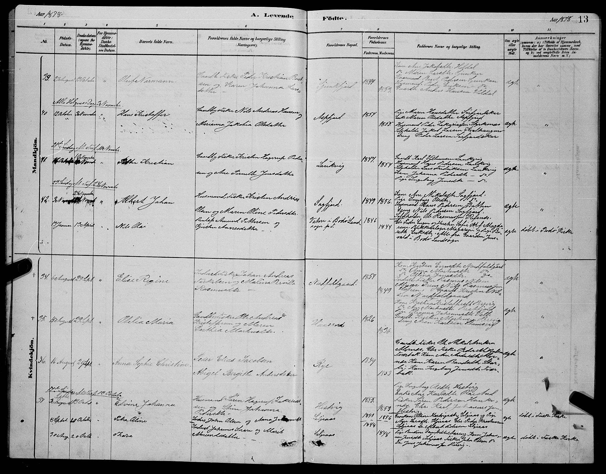 Ministerialprotokoller, klokkerbøker og fødselsregistre - Nordland, SAT/A-1459/853/L0776: Parish register (copy) no. 853C04, 1878-1889, p. 13