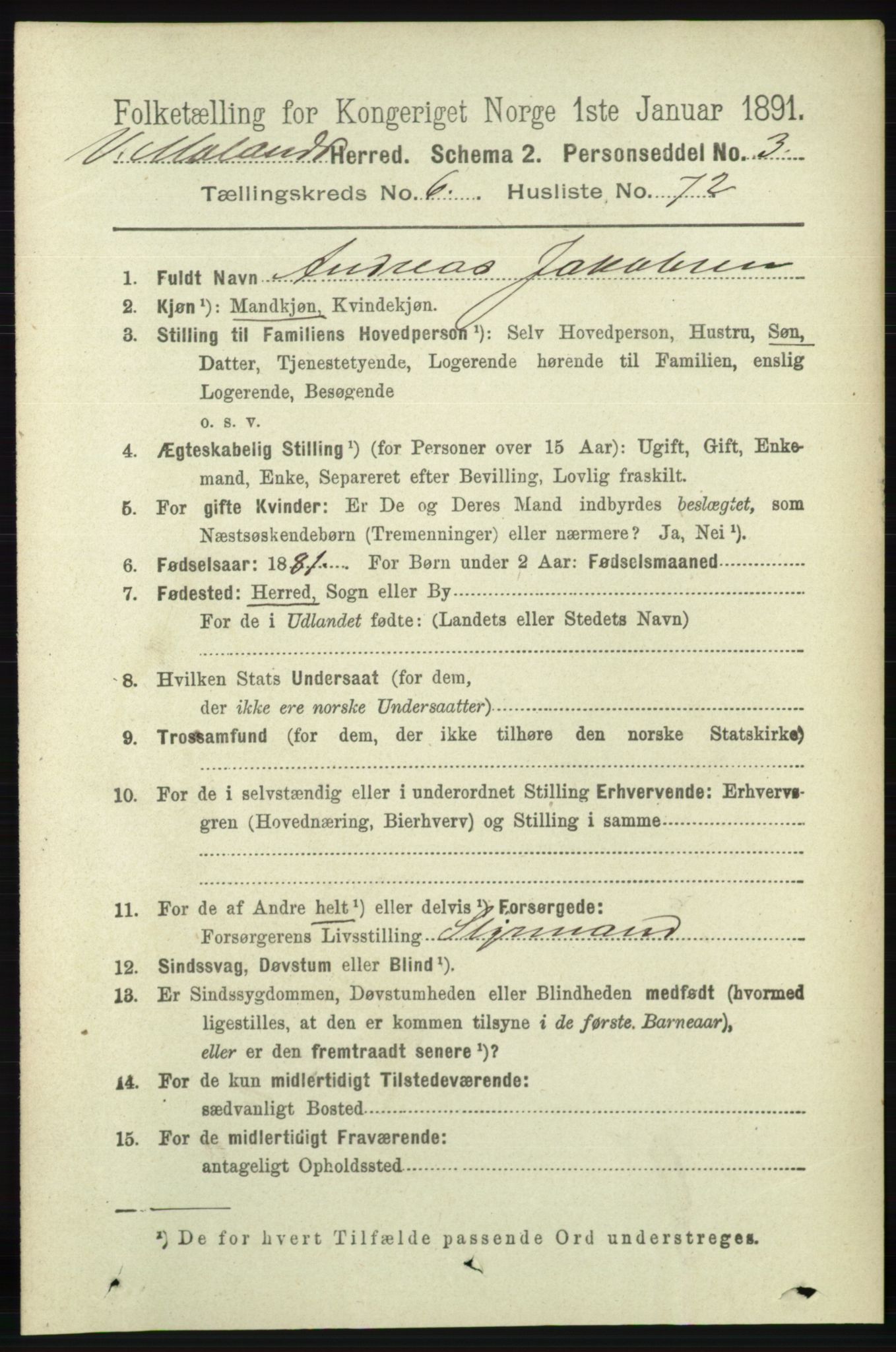 RA, 1891 census for 0926 Vestre Moland, 1891, p. 2753