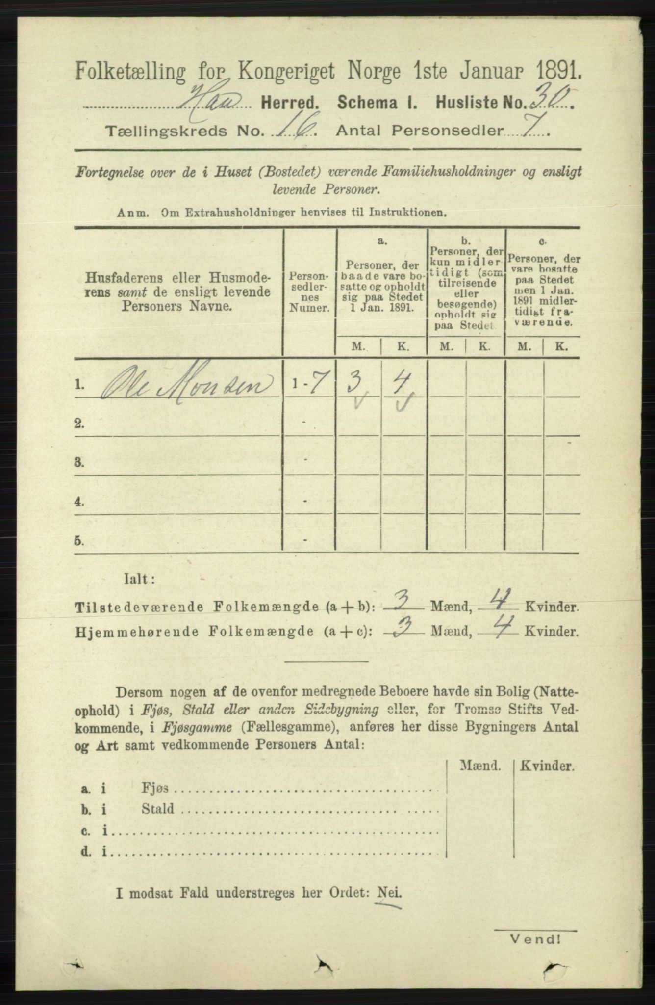 RA, 1891 census for 1119 Hå, 1891, p. 4019