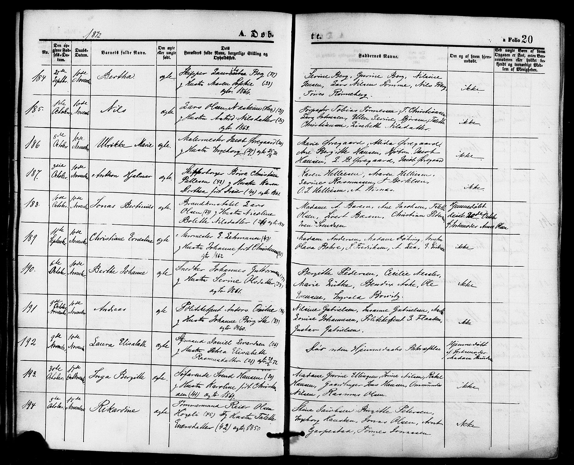 Domkirken sokneprestkontor, AV/SAST-A-101812/001/30/30BB/L0013: Parish register (copy) no. B 13, 1871-1880, p. 20