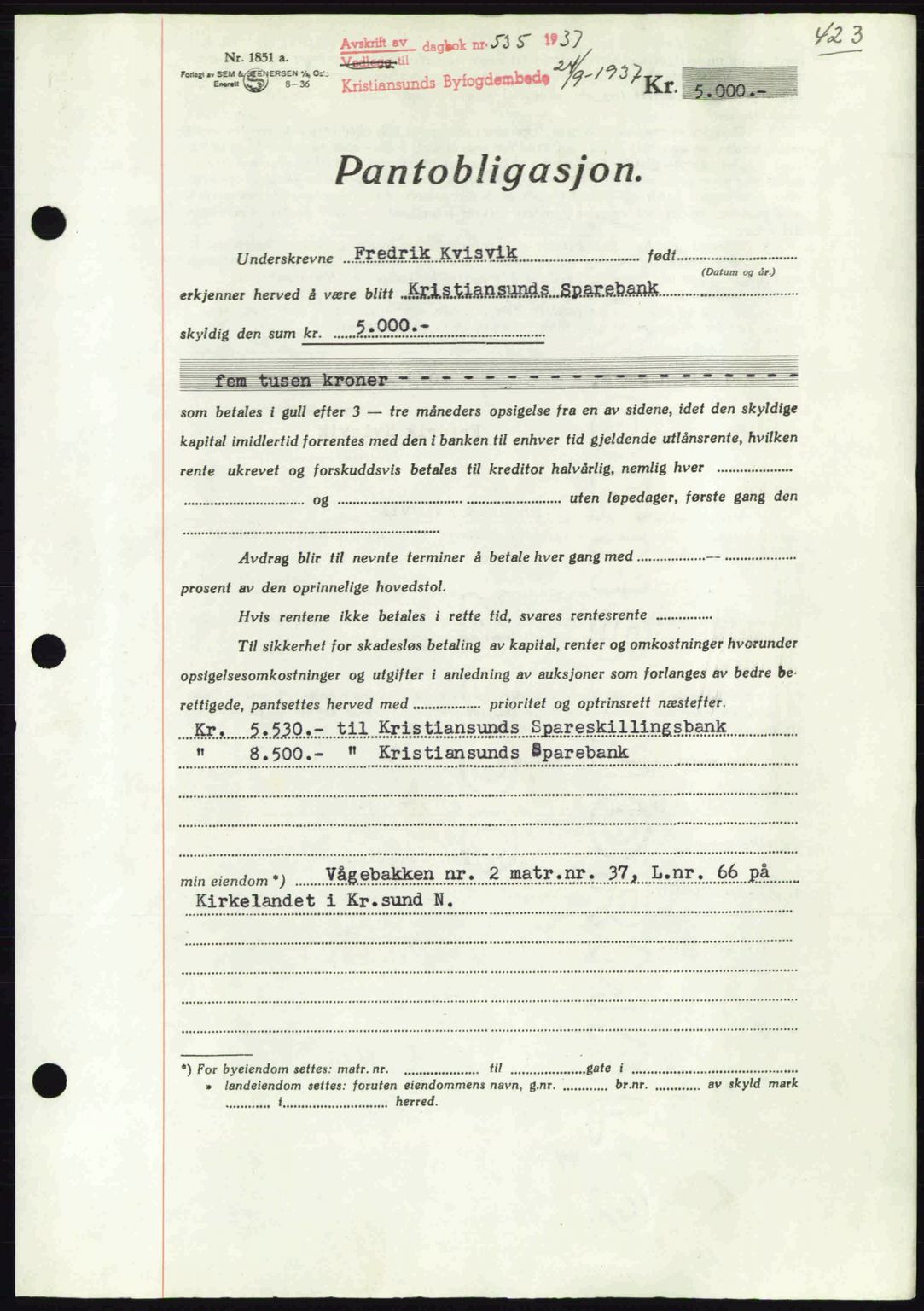 Kristiansund byfogd, AV/SAT-A-4587/A/27: Mortgage book no. 29, 1936-1937, Diary no: : 535/1937