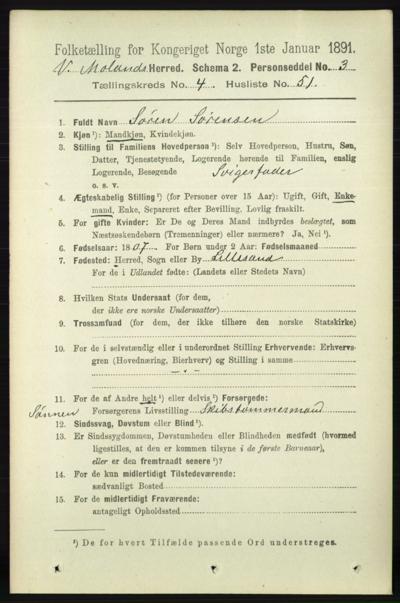 RA, 1891 census for 0926 Vestre Moland, 1891, p. 1598