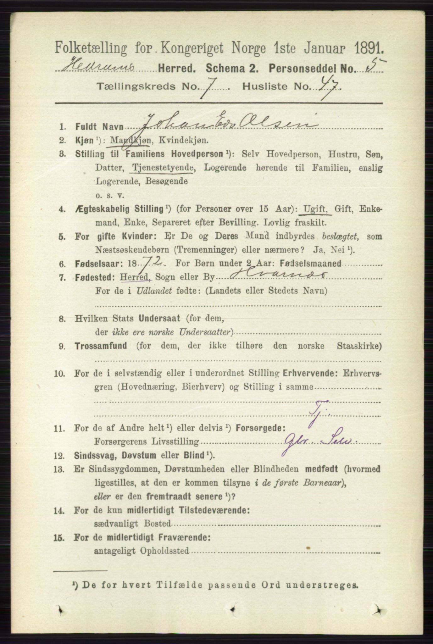 RA, 1891 census for 0727 Hedrum, 1891, p. 3297