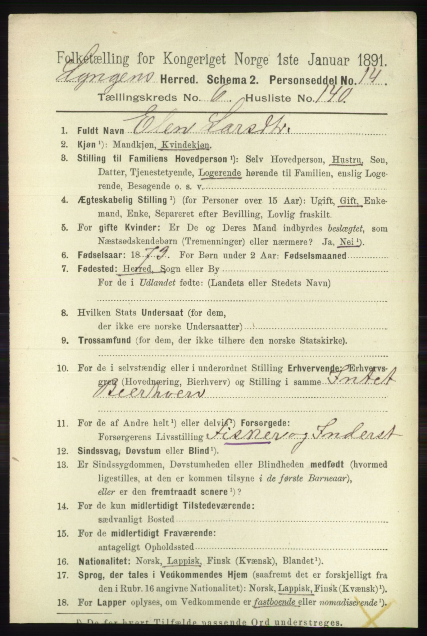 RA, 1891 census for 1938 Lyngen, 1891, p. 6243