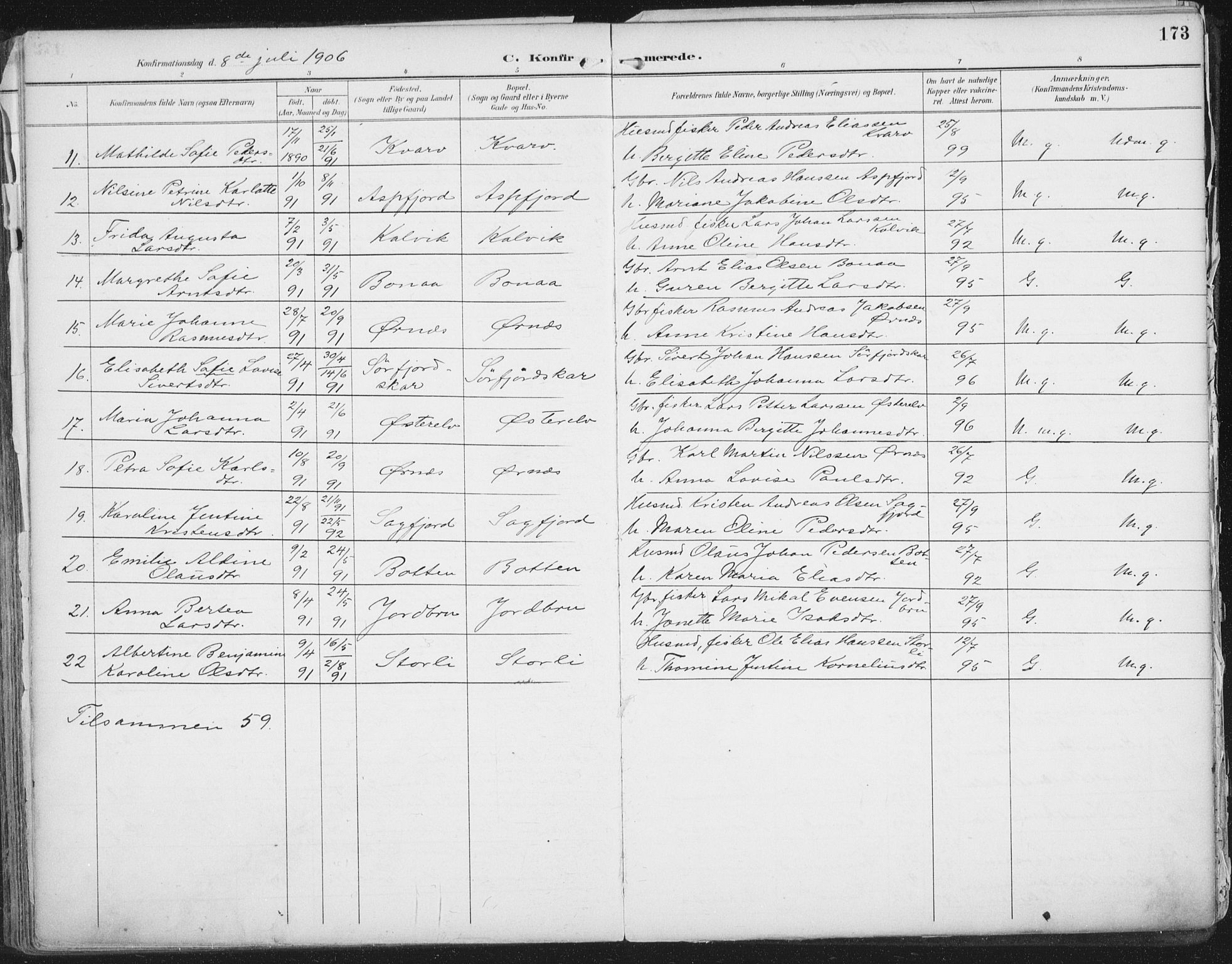 Ministerialprotokoller, klokkerbøker og fødselsregistre - Nordland, SAT/A-1459/854/L0779: Parish register (official) no. 854A02, 1892-1909, p. 173
