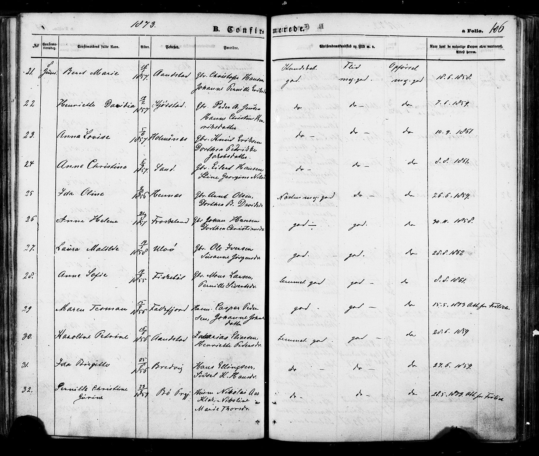 Ministerialprotokoller, klokkerbøker og fødselsregistre - Nordland, AV/SAT-A-1459/888/L1242: Parish register (official) no. 888A08, 1870-1875, p. 106