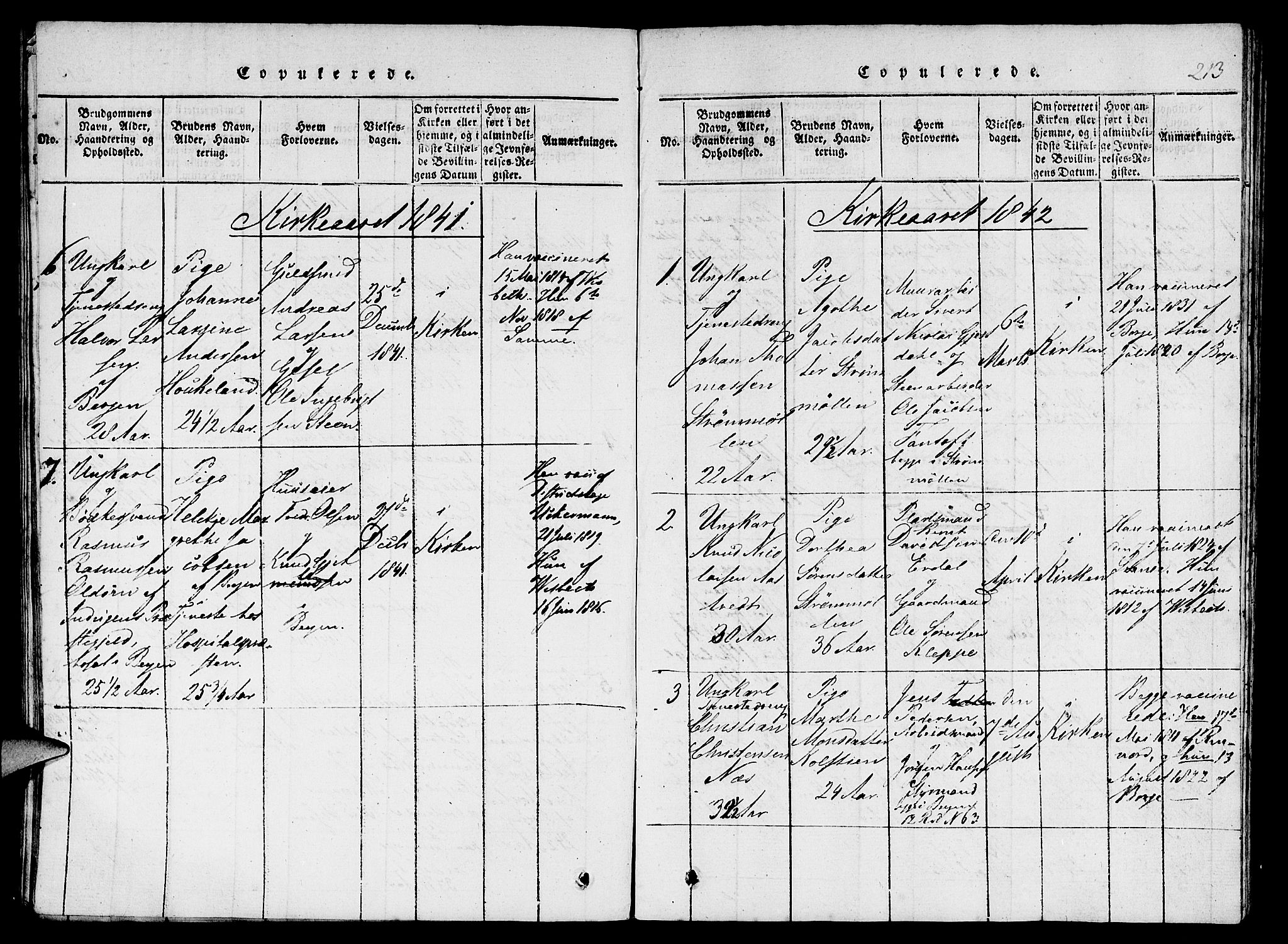 St. Jørgens hospital og Årstad sokneprestembete, SAB/A-99934: Parish register (copy) no. A 1, 1816-1843, p. 213