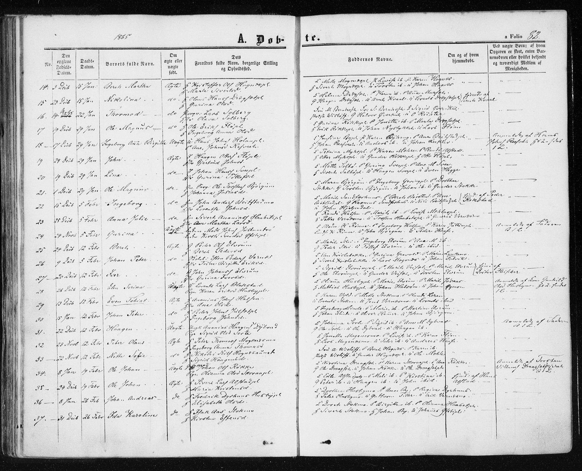 Ministerialprotokoller, klokkerbøker og fødselsregistre - Nord-Trøndelag, SAT/A-1458/709/L0075: Parish register (official) no. 709A15, 1859-1870, p. 82