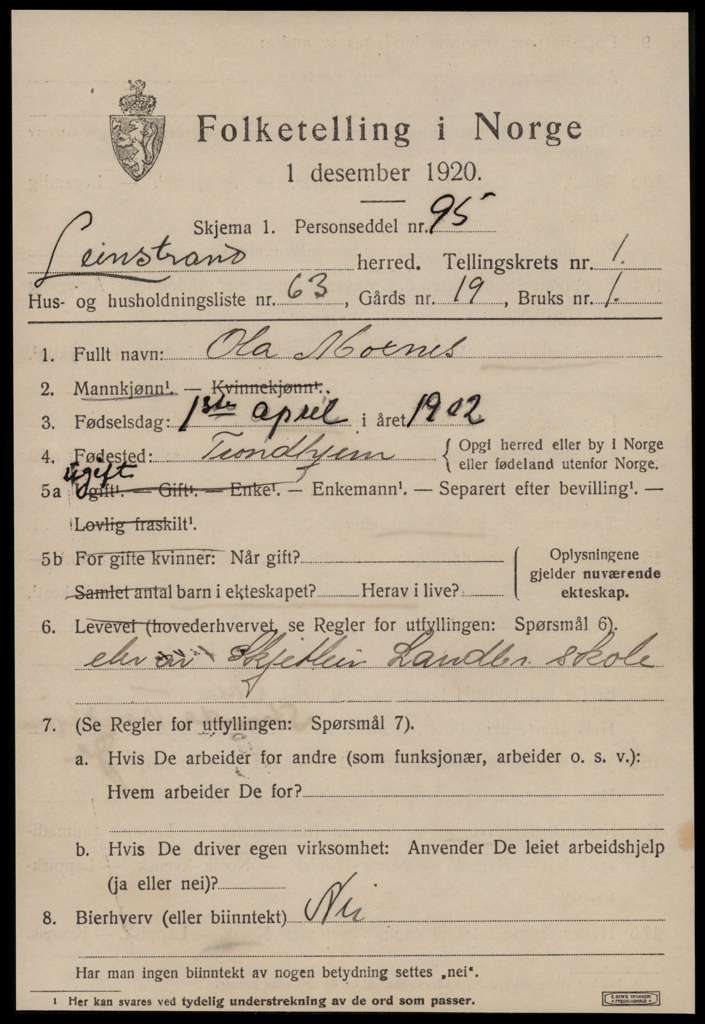 SAT, 1920 census for Leinstrand, 1920, p. 1555