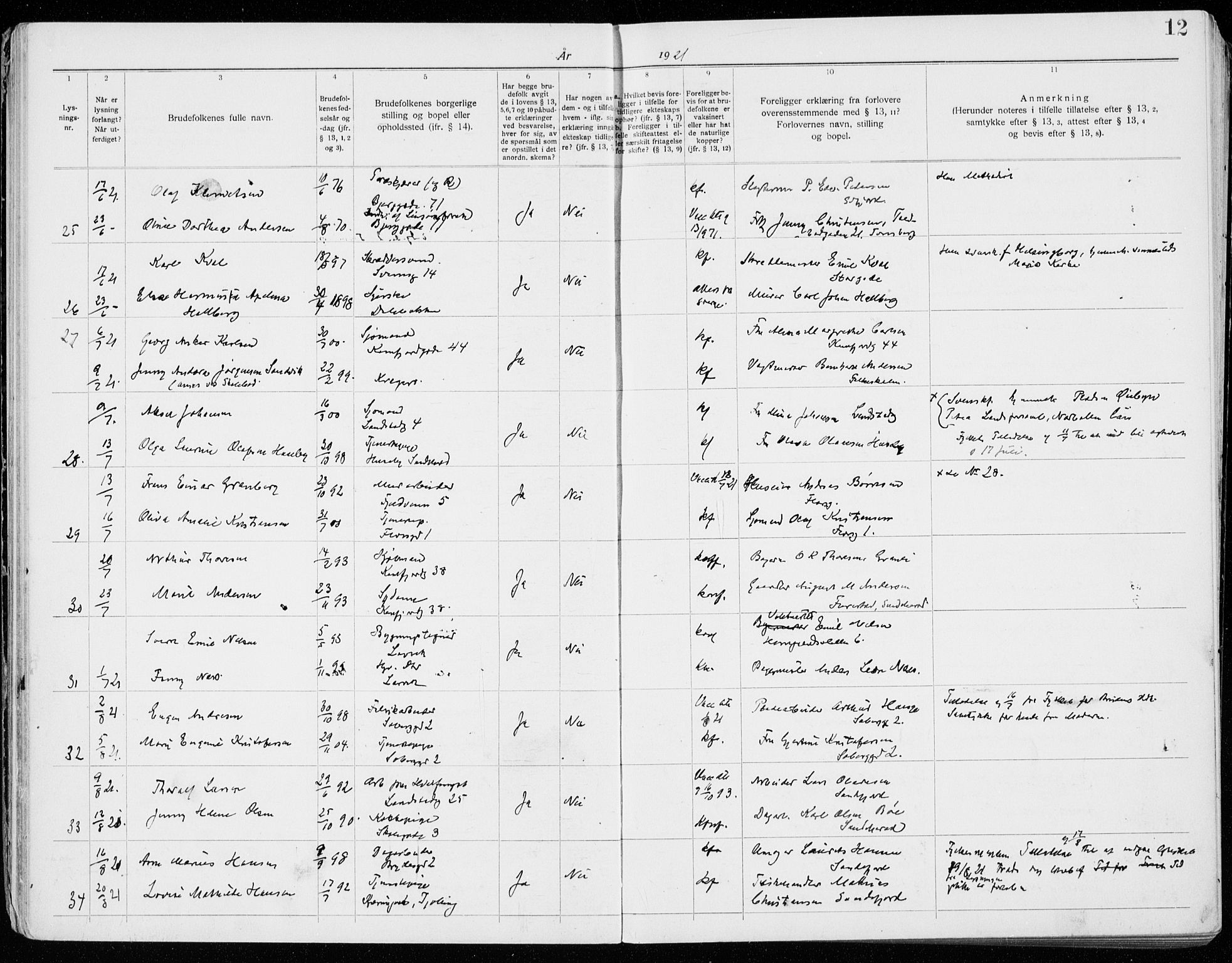 Sandefjord kirkebøker, AV/SAKO-A-315/H/Ha/L0001: Banns register no. 1, 1919-1939, p. 12