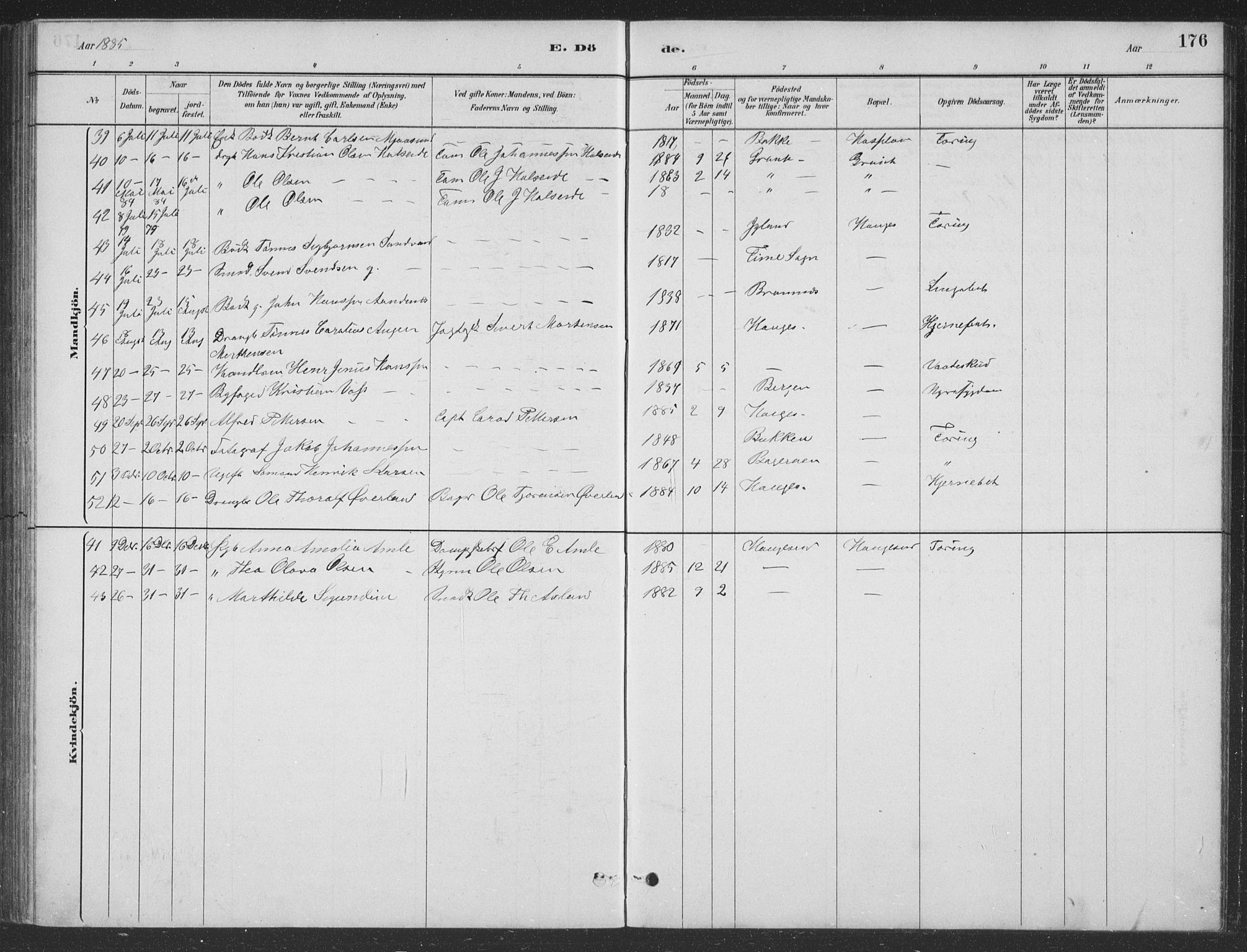 Haugesund sokneprestkontor, AV/SAST-A -101863/H/Ha/Hab/L0002: Parish register (copy) no. B 2, 1881-1894, p. 176