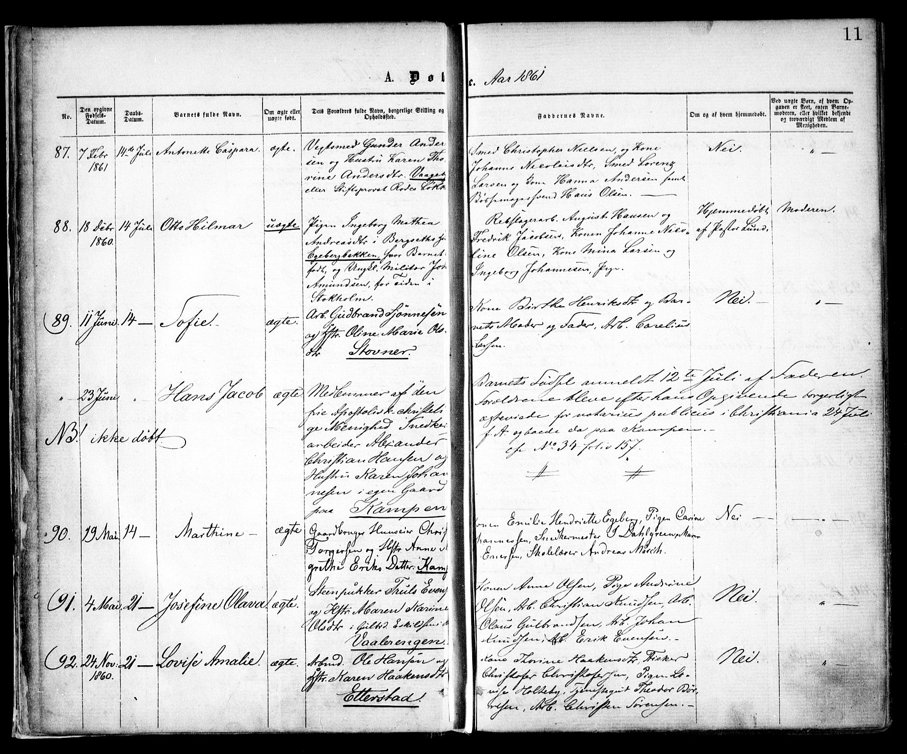 Østre Aker prestekontor Kirkebøker, SAO/A-10840/F/Fa/L0001: Parish register (official) no. I 1, 1861-1869, p. 11