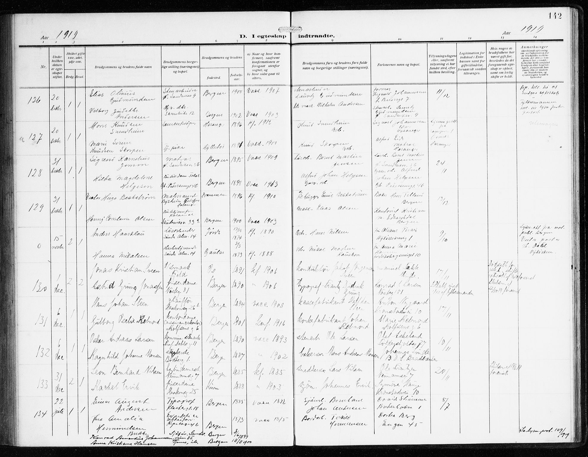 Sandviken Sokneprestembete, AV/SAB-A-77601/H/Ha/L0015: Parish register (official) no. D 2, 1911-1923, p. 142