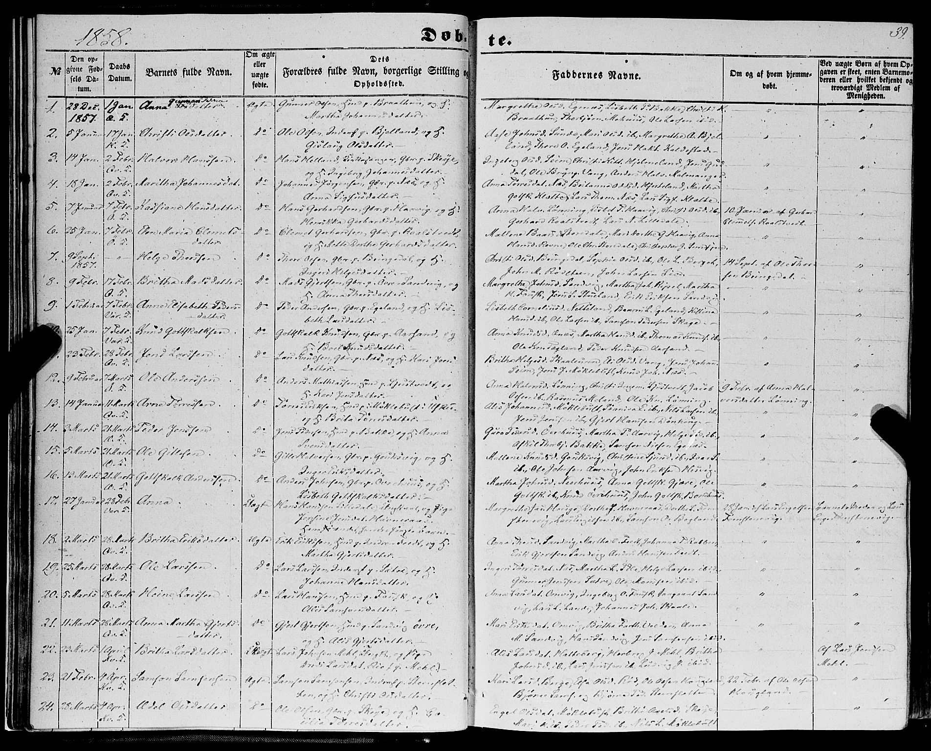 Kvinnherad sokneprestembete, SAB/A-76401/H/Haa: Parish register (official) no. A 8, 1854-1872, p. 39