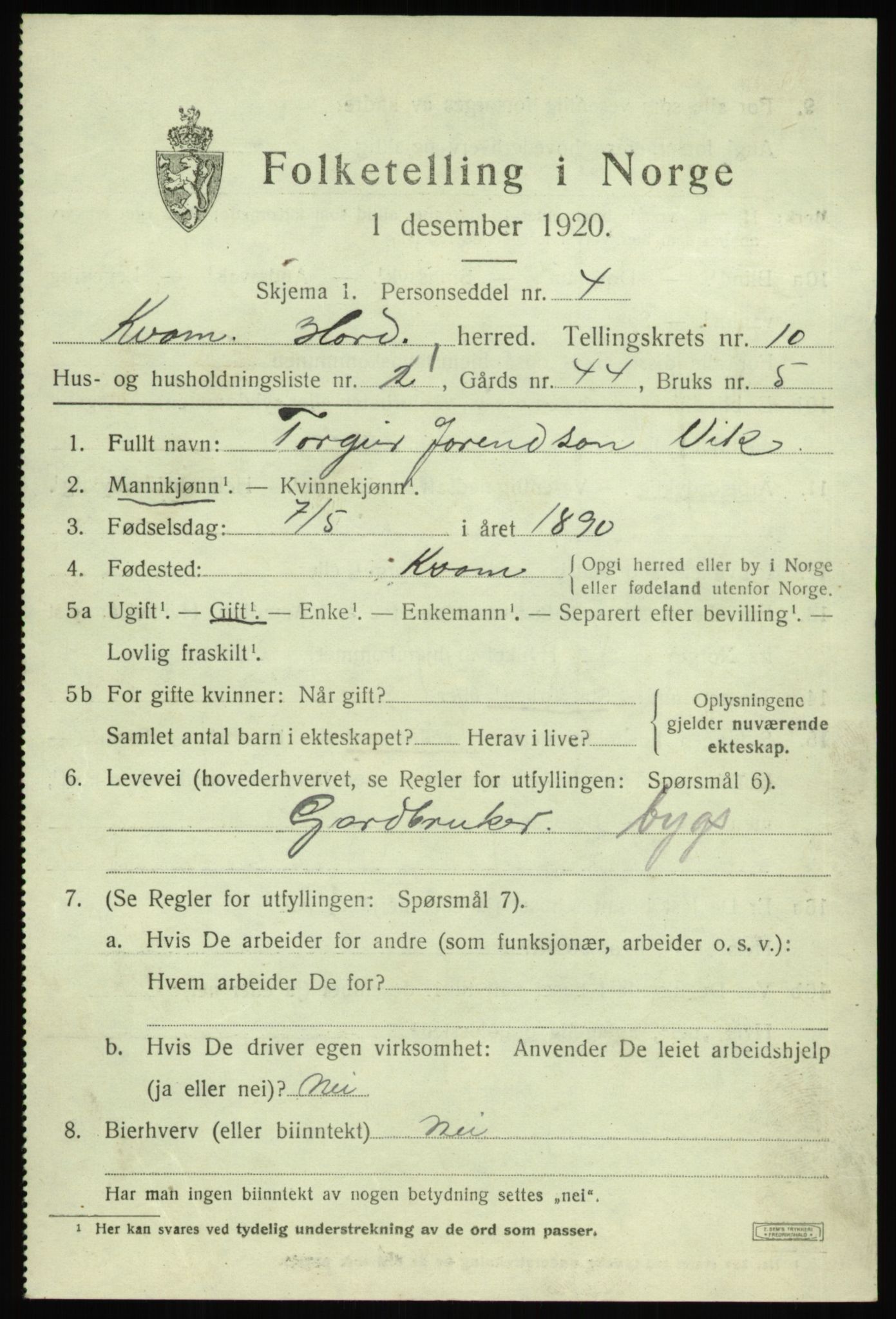 SAB, 1920 census for Kvam, 1920, p. 6327