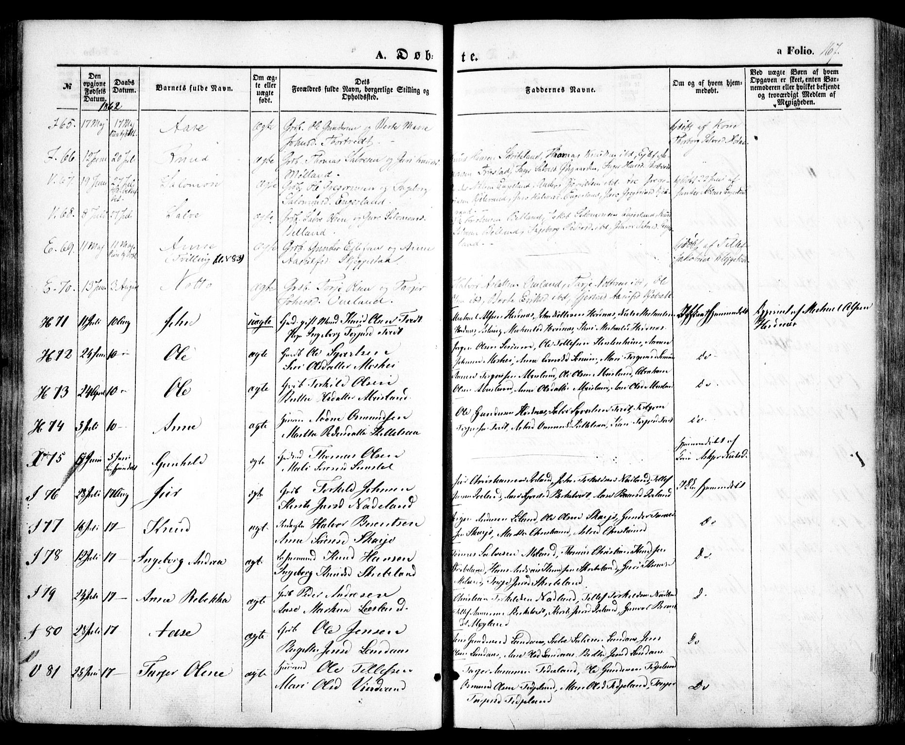 Evje sokneprestkontor, AV/SAK-1111-0008/F/Fa/Faa/L0005: Parish register (official) no. A 5, 1843-1865, p. 167