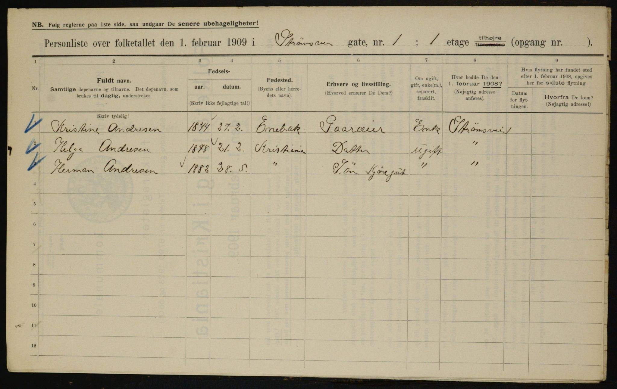 OBA, Municipal Census 1909 for Kristiania, 1909, p. 94052