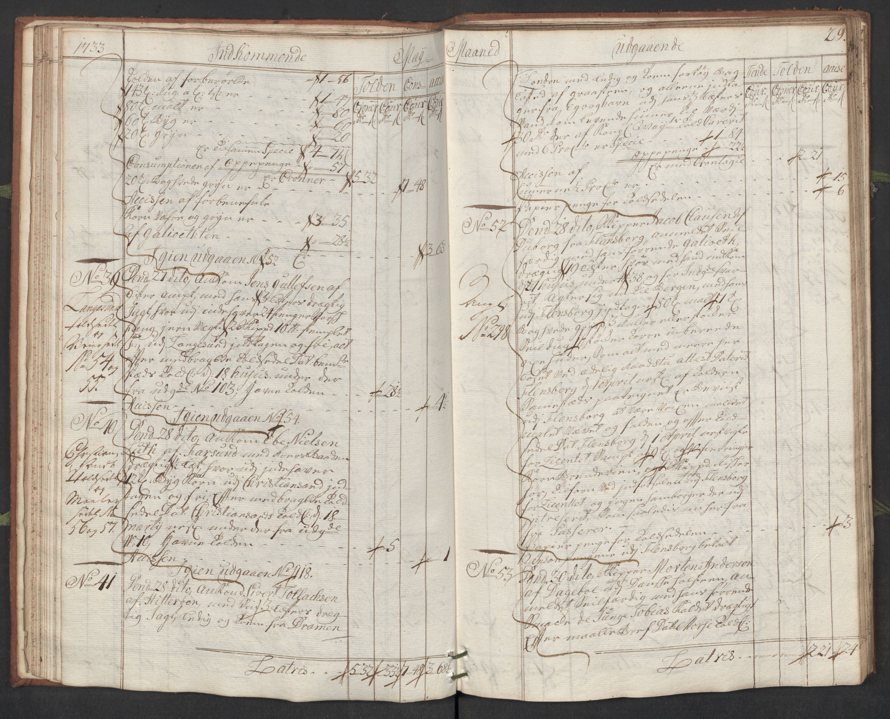 Generaltollkammeret, tollregnskaper, AV/RA-EA-5490/R19/L0007/0001: Tollregnskaper Flekkefjord / Hovedtollbok, 1733, p. 28b-29a