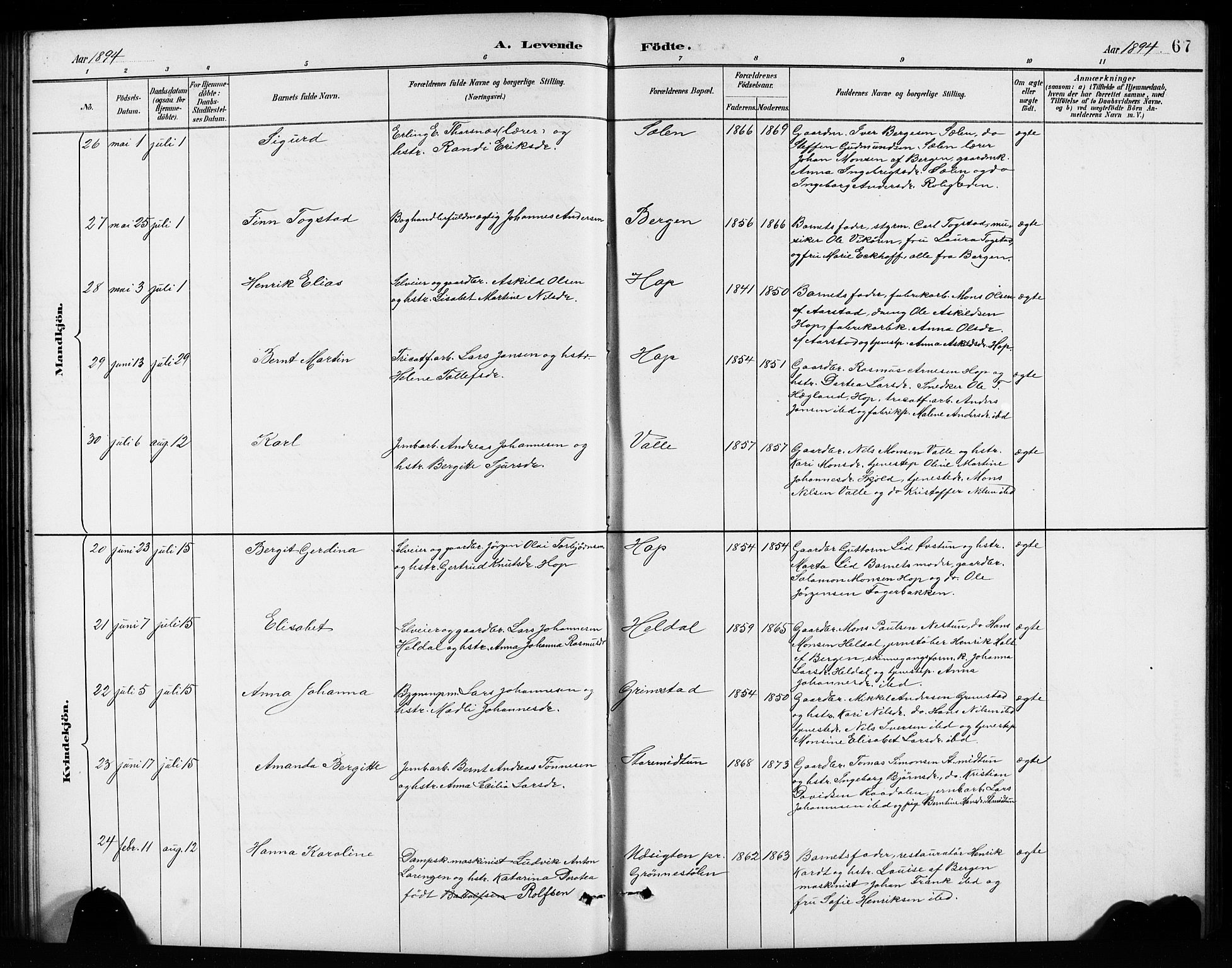 Birkeland Sokneprestembete, AV/SAB-A-74601/H/Hab: Parish register (copy) no. A 4, 1888-1897, p. 67