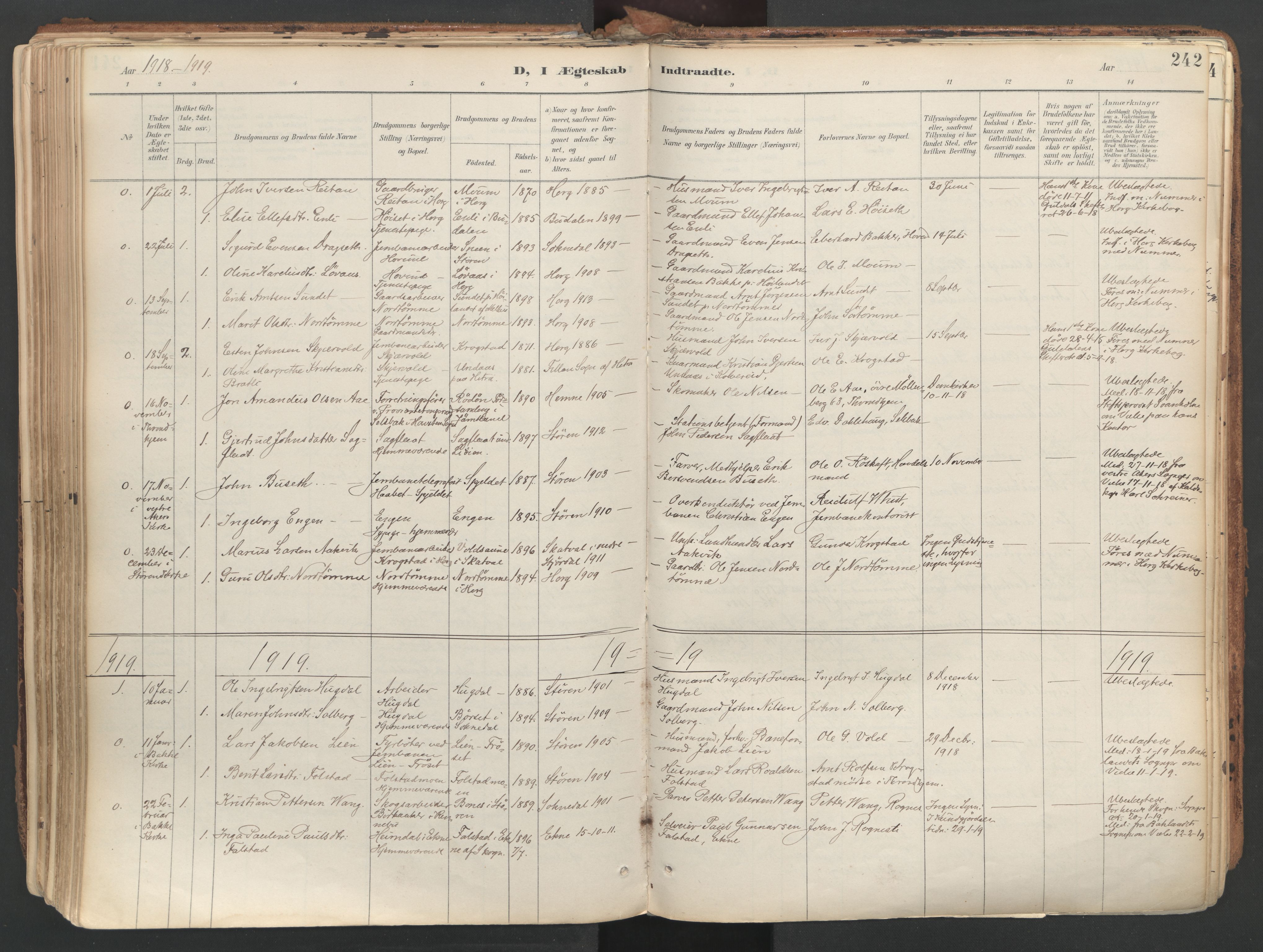 Ministerialprotokoller, klokkerbøker og fødselsregistre - Sør-Trøndelag, SAT/A-1456/687/L1004: Parish register (official) no. 687A10, 1891-1923, p. 242