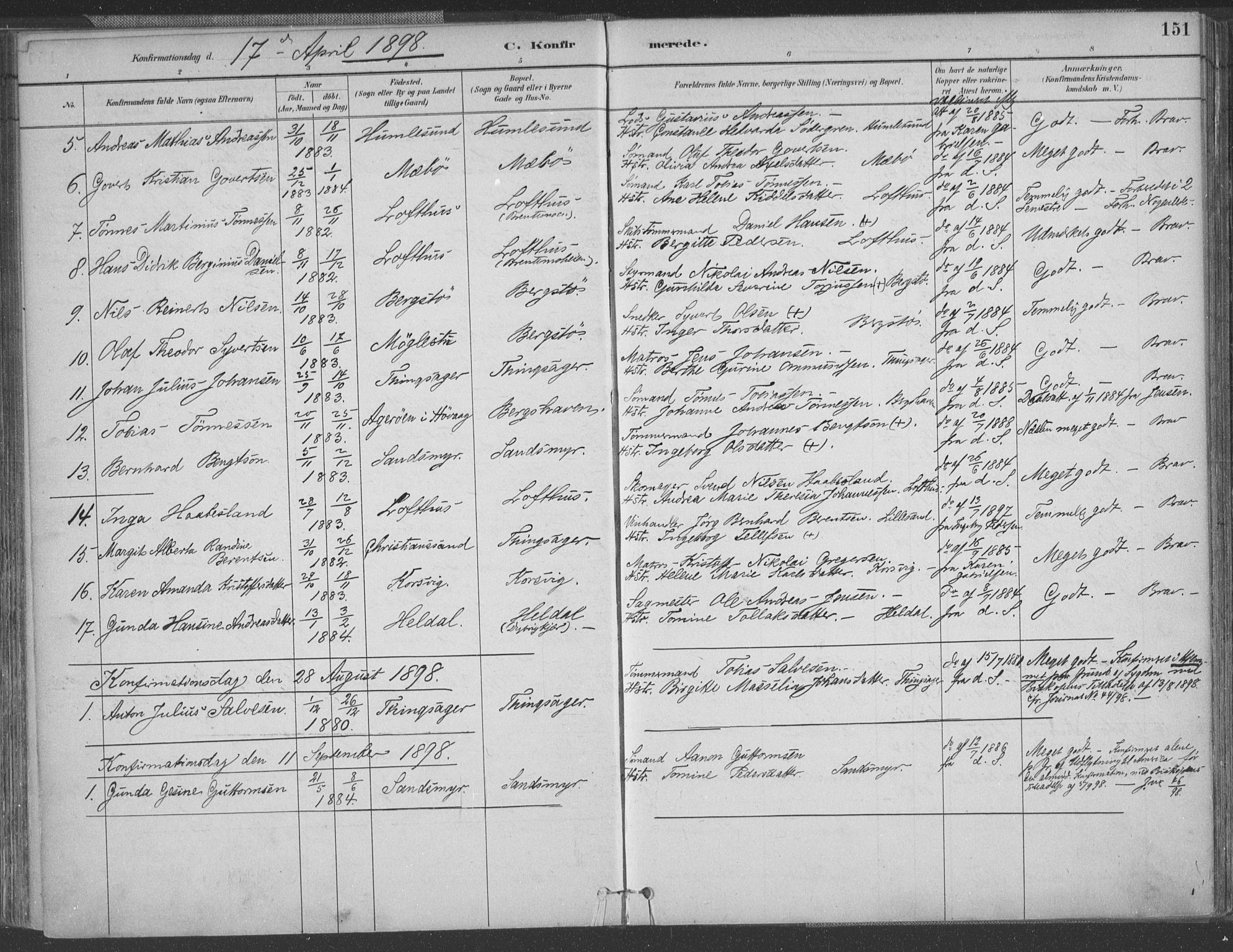 Vestre Moland sokneprestkontor, AV/SAK-1111-0046/F/Fa/Fab/L0009: Parish register (official) no. A 9, 1884-1899, p. 151