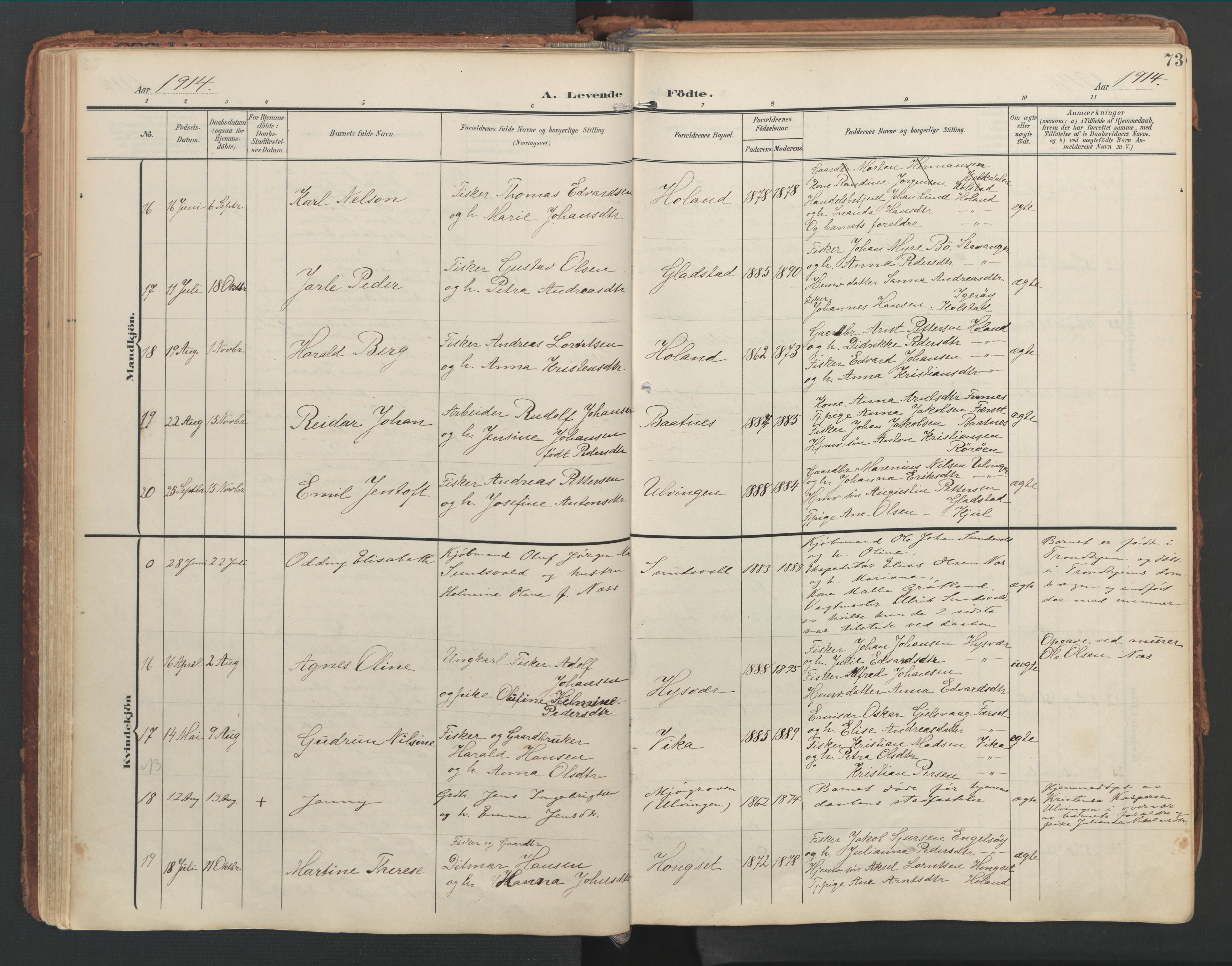 Ministerialprotokoller, klokkerbøker og fødselsregistre - Nordland, AV/SAT-A-1459/816/L0250: Parish register (official) no. 816A16, 1903-1923, p. 73