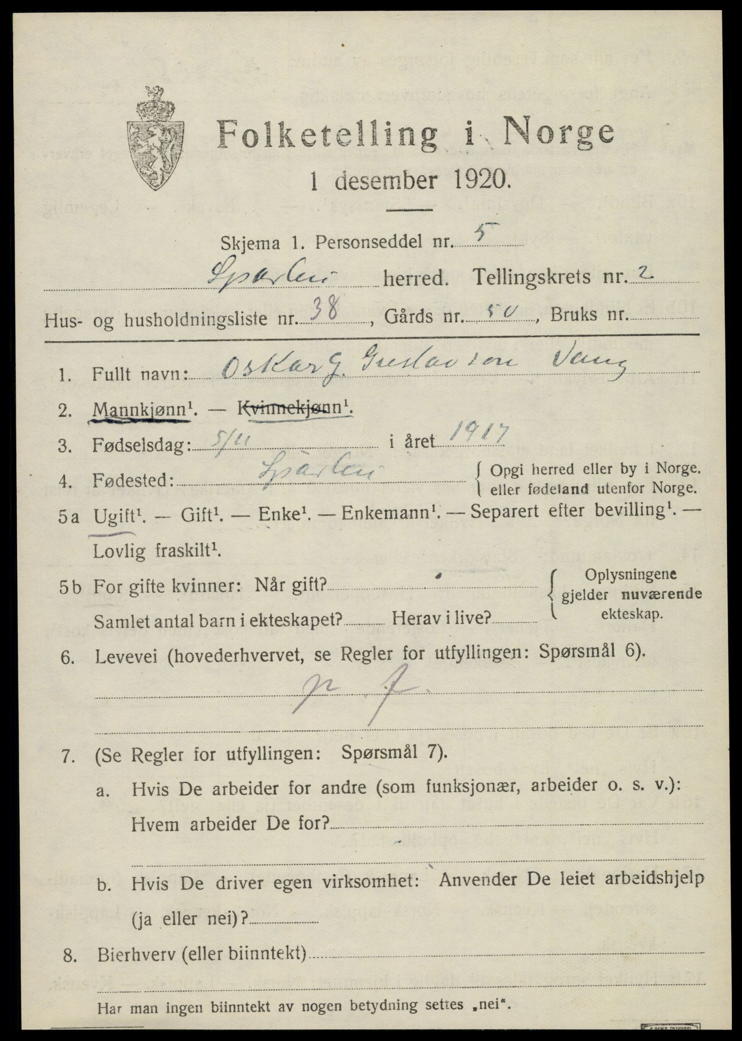 SAT, 1920 census for Sparbu, 1920, p. 3745
