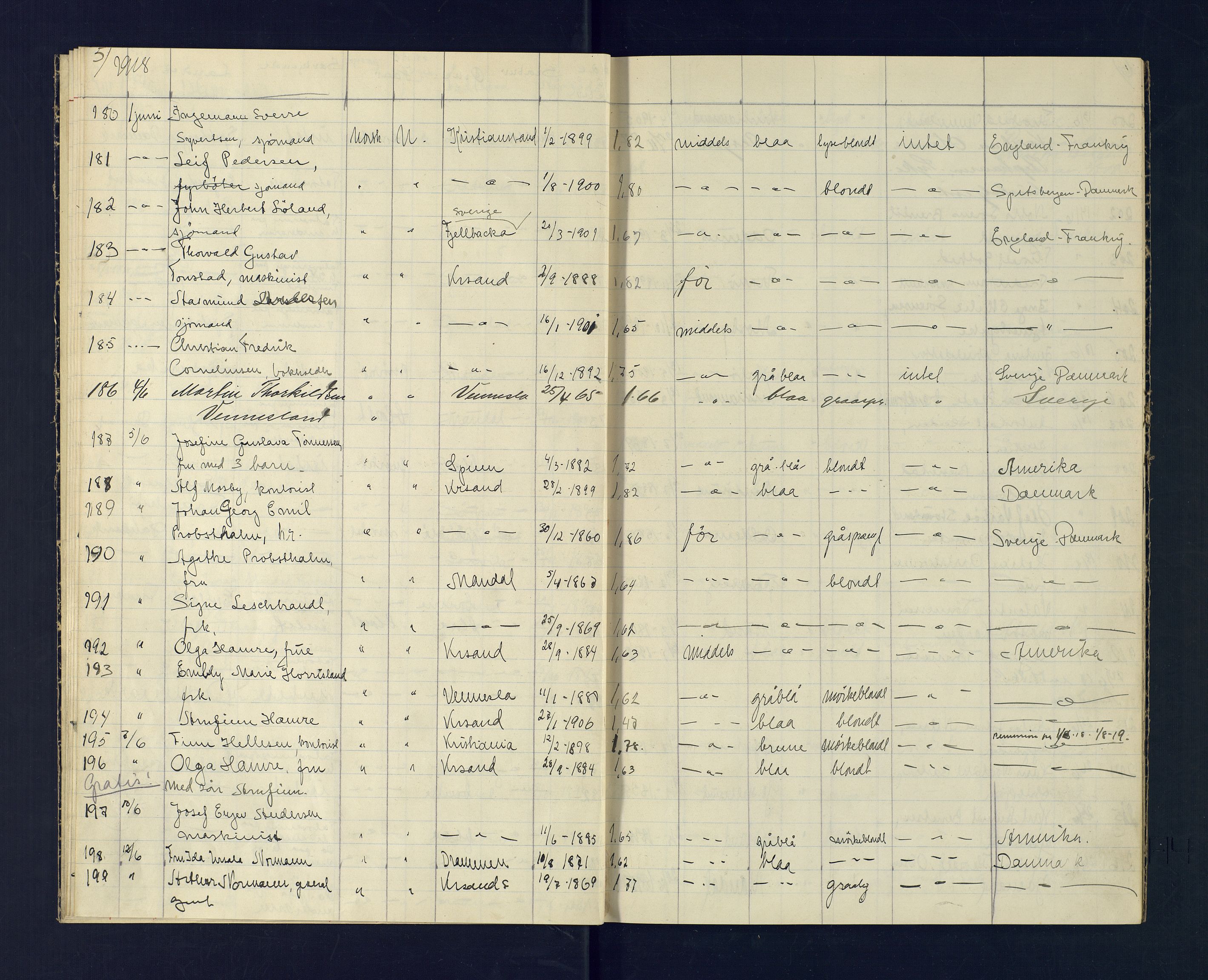 Kristiansand politikammer, AV/SAK-1243-0004/K/Ka/L0228: Passprotokoll foreviste reisepass, 1918-1919, p. 5