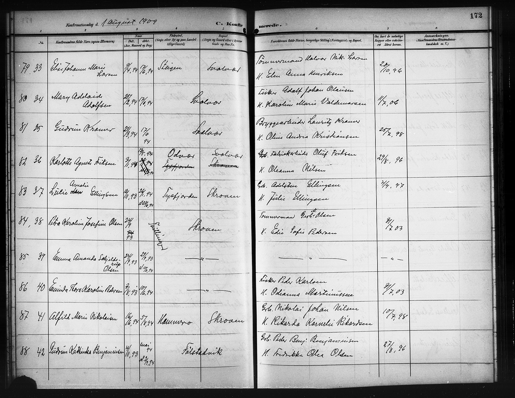 Ministerialprotokoller, klokkerbøker og fødselsregistre - Nordland, SAT/A-1459/874/L1079: Parish register (copy) no. 874C08, 1907-1915, p. 172