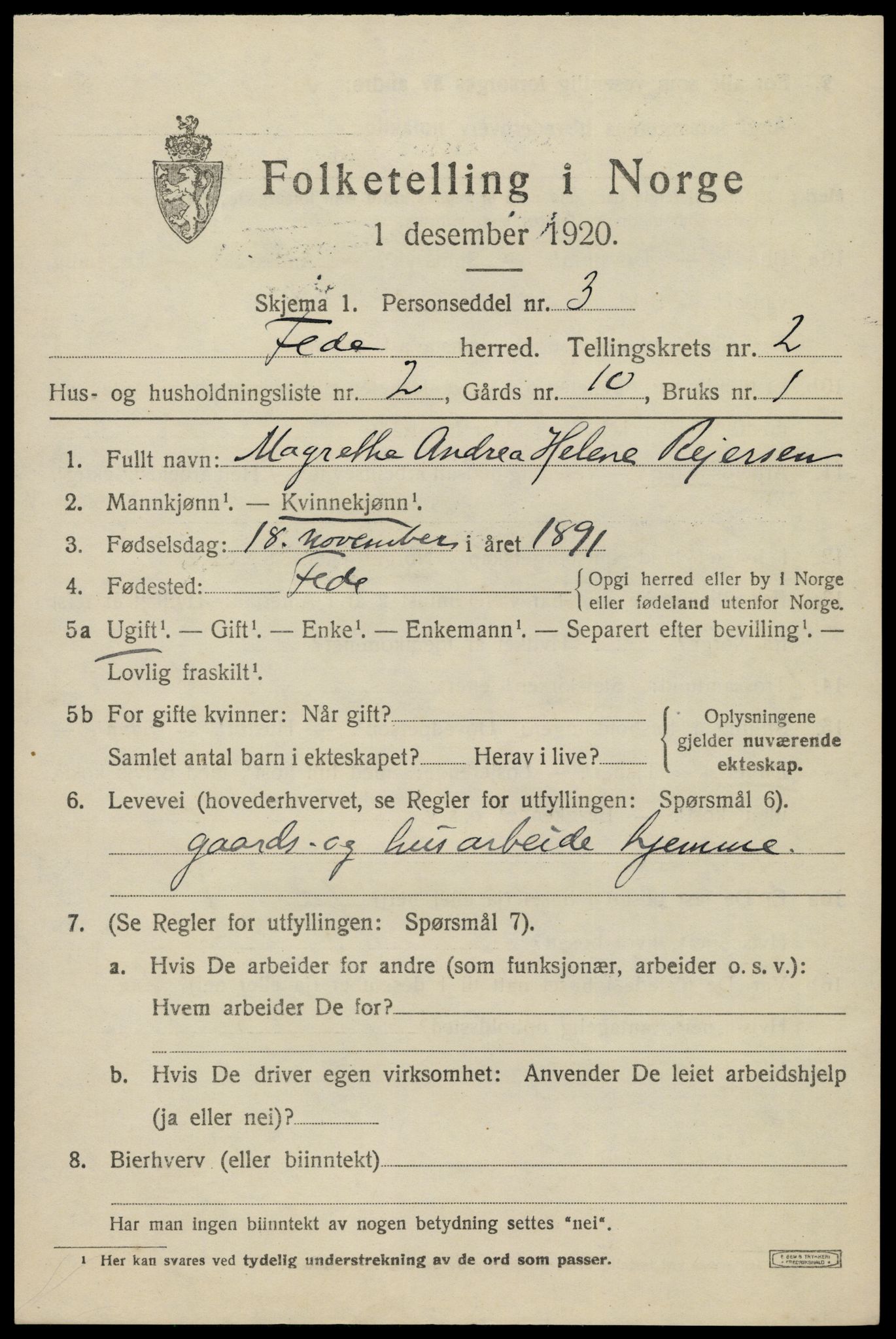 SAK, 1920 census for Feda, 1920, p. 951