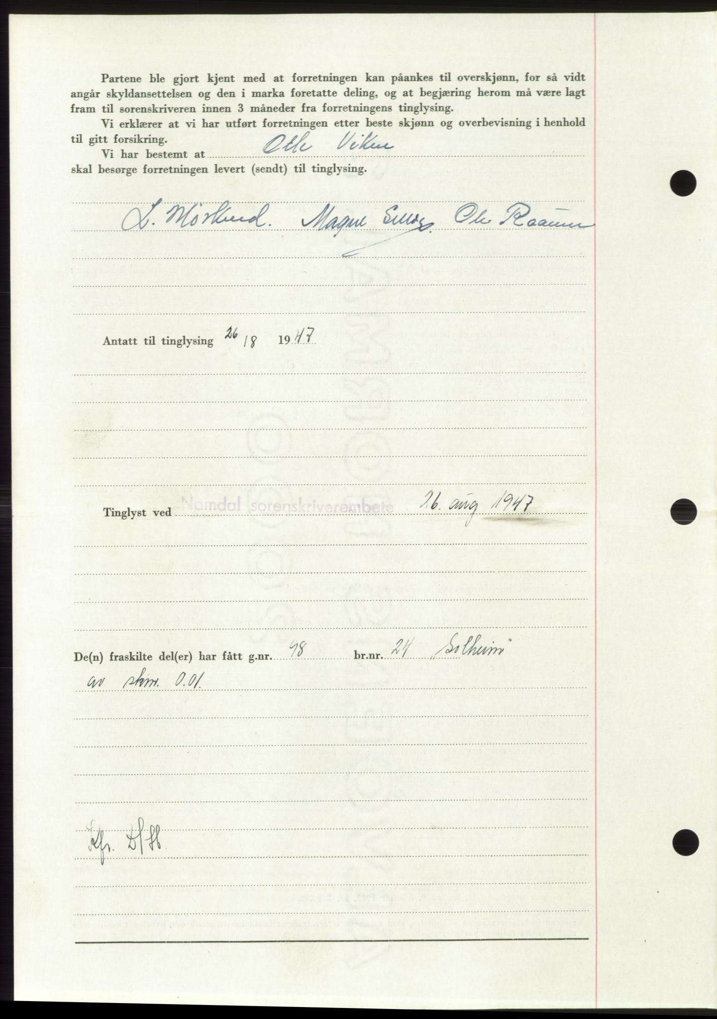 Namdal sorenskriveri, AV/SAT-A-4133/1/2/2C: Mortgage book no. -, 1947-1947, Diary no: : 1885/1947