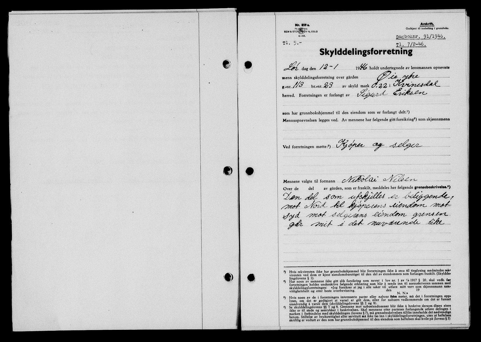 Flekkefjord sorenskriveri, SAK/1221-0001/G/Gb/Gba/L0060: Mortgage book no. A-8, 1945-1946, Diary no: : 91/1946