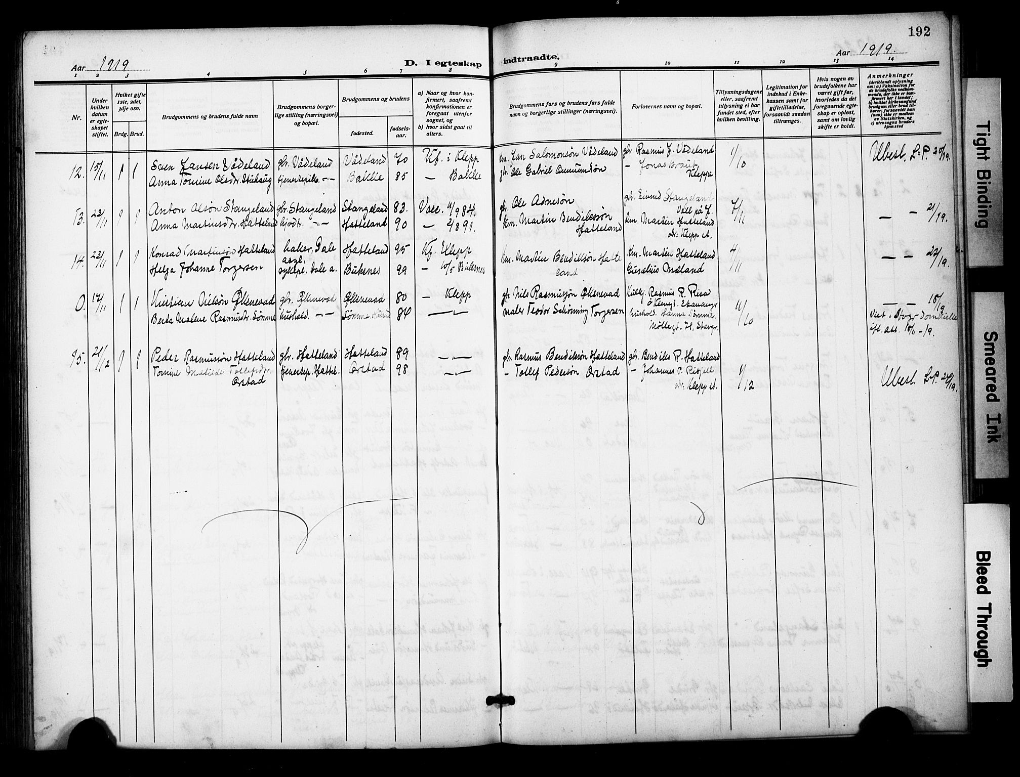 Klepp sokneprestkontor, AV/SAST-A-101803/001/3/30BB/L0007: Parish register (copy) no. B 7, 1908-1934, p. 192