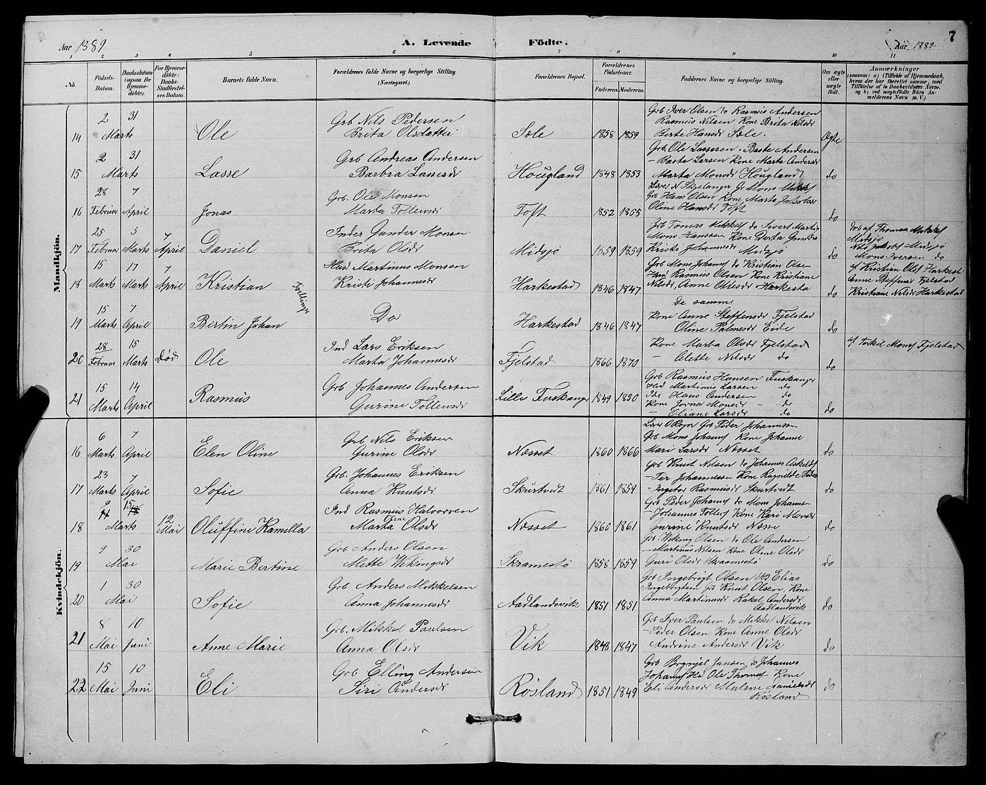 Herdla Sokneprestembete, SAB/A-75701/H/Hab: Parish register (copy) no. A 3, 1889-1899, p. 7