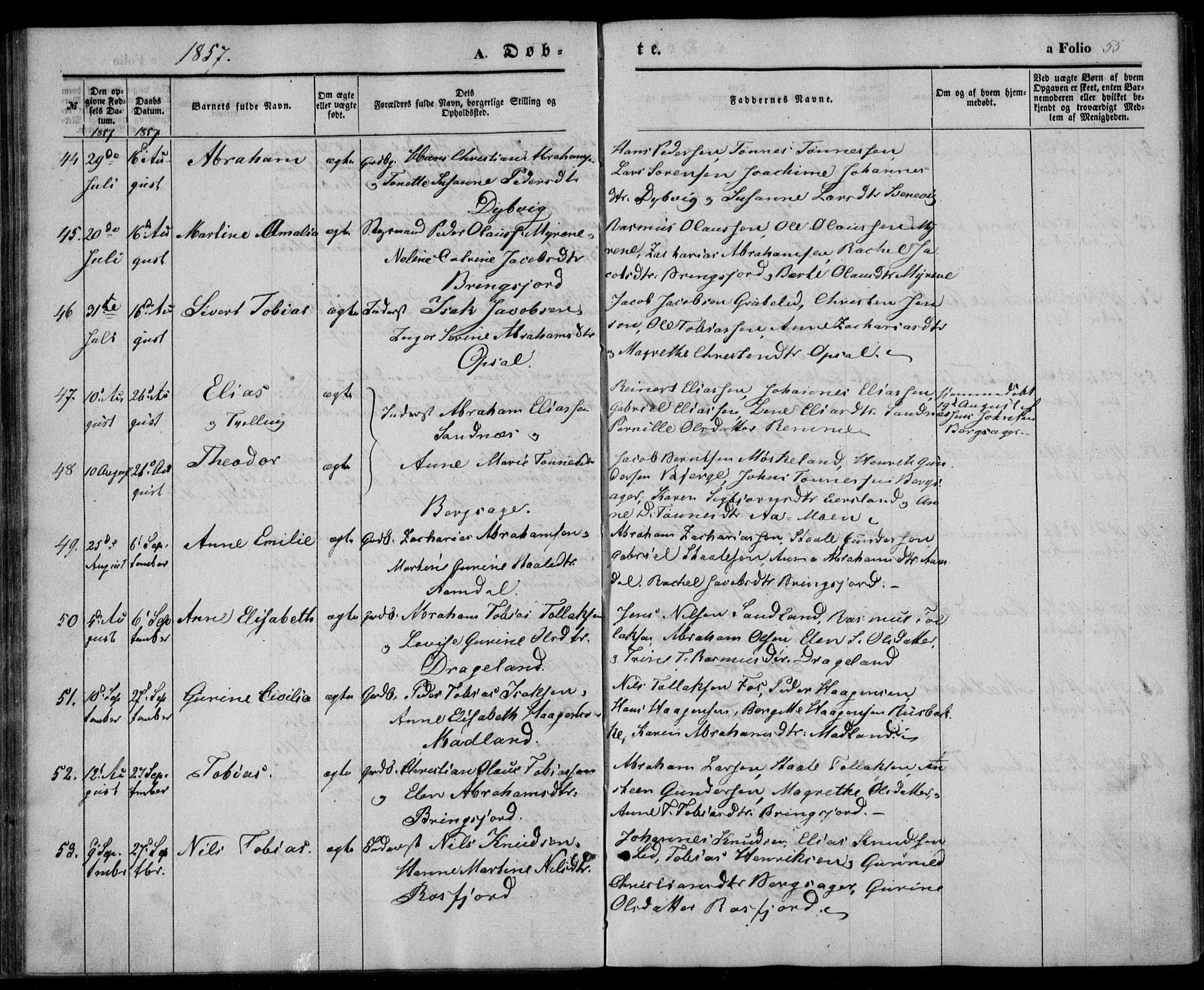 Lyngdal sokneprestkontor, AV/SAK-1111-0029/F/Fa/Fac/L0009: Parish register (official) no. A 9, 1852-1864, p. 55