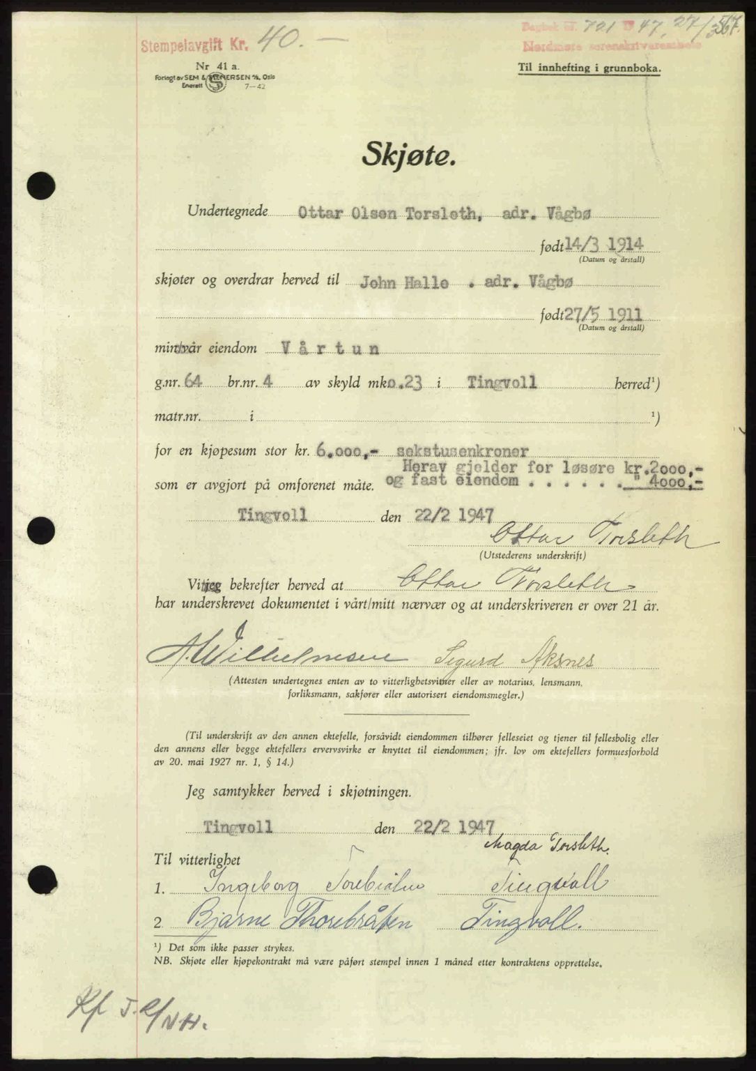 Nordmøre sorenskriveri, AV/SAT-A-4132/1/2/2Ca: Mortgage book no. A104, 1947-1947, Diary no: : 701/1947