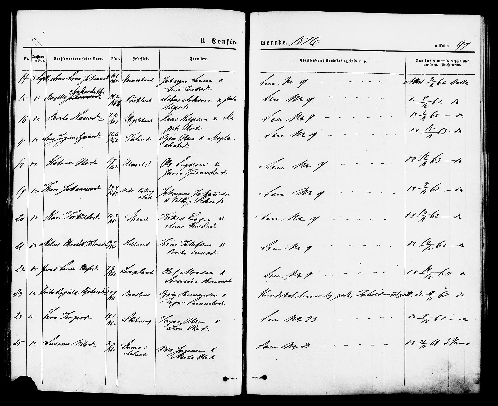 Vikedal sokneprestkontor, AV/SAST-A-101840/01/IV: Parish register (official) no. A 7, 1868-1883, p. 97