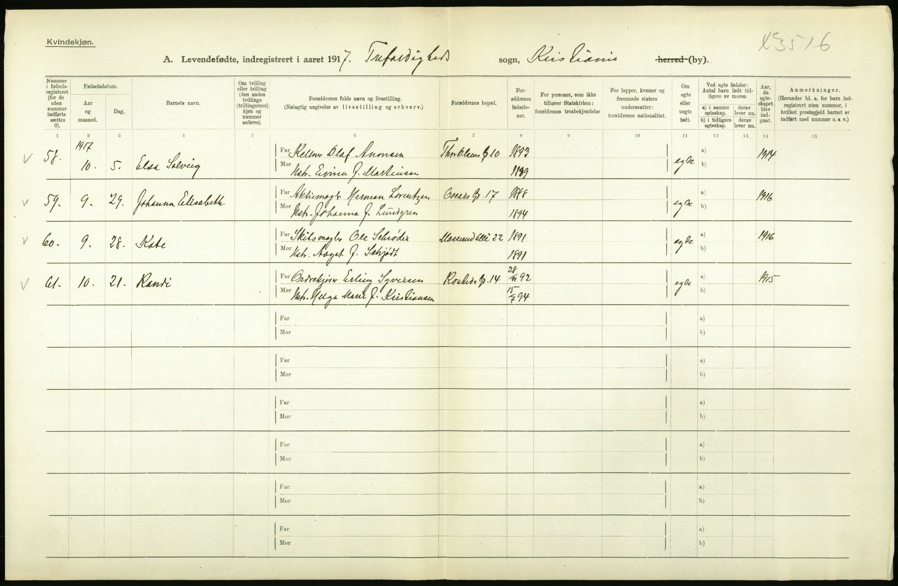 Statistisk sentralbyrå, Sosiodemografiske emner, Befolkning, AV/RA-S-2228/D/Df/Dfb/Dfbg/L0007: Kristiania: Levendefødte menn og kvinner., 1917, p. 412