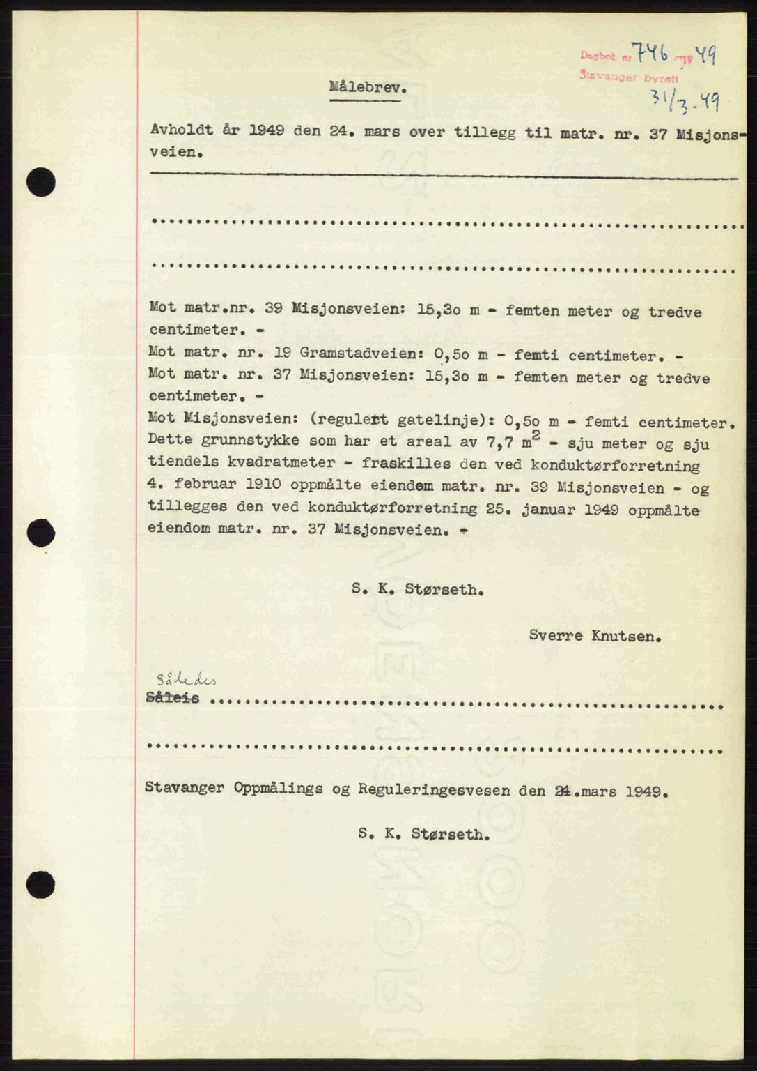 Stavanger byrett, SAST/A-100455/002/G/Gb/L0023: Mortgage book no. A12, 1948-1949, Diary no: : 746/1949