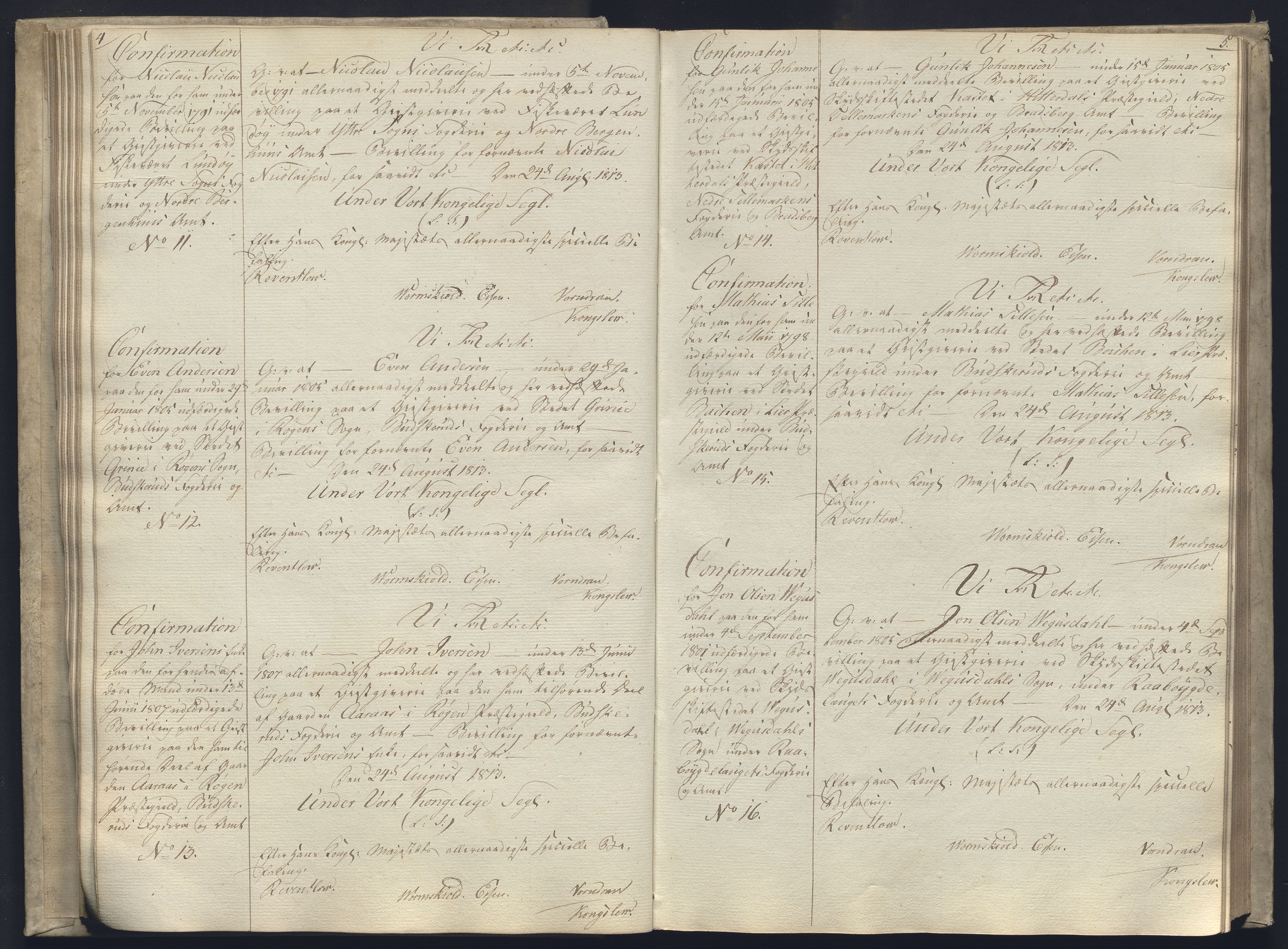 Rentekammeret, Kammerkanselliet, RA/EA-3111/G/Gg/Ggc/Ggca/L0003: Norsk konfirmasjonsekspedisjonsprotokoll, 1813, p. 4-5