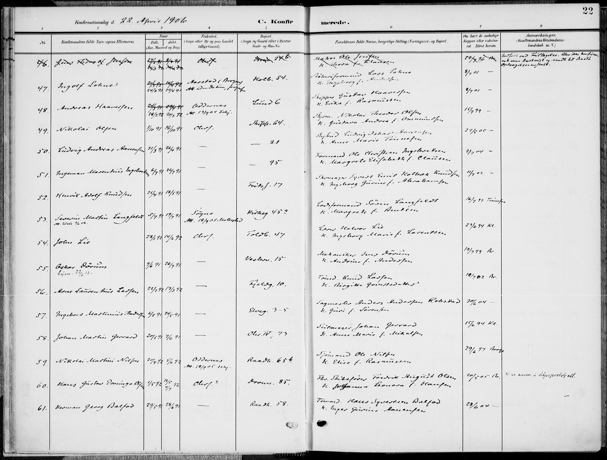 Kristiansand domprosti, AV/SAK-1112-0006/F/Fa/L0022: Parish register (official) no. A 21, 1905-1916, p. 22