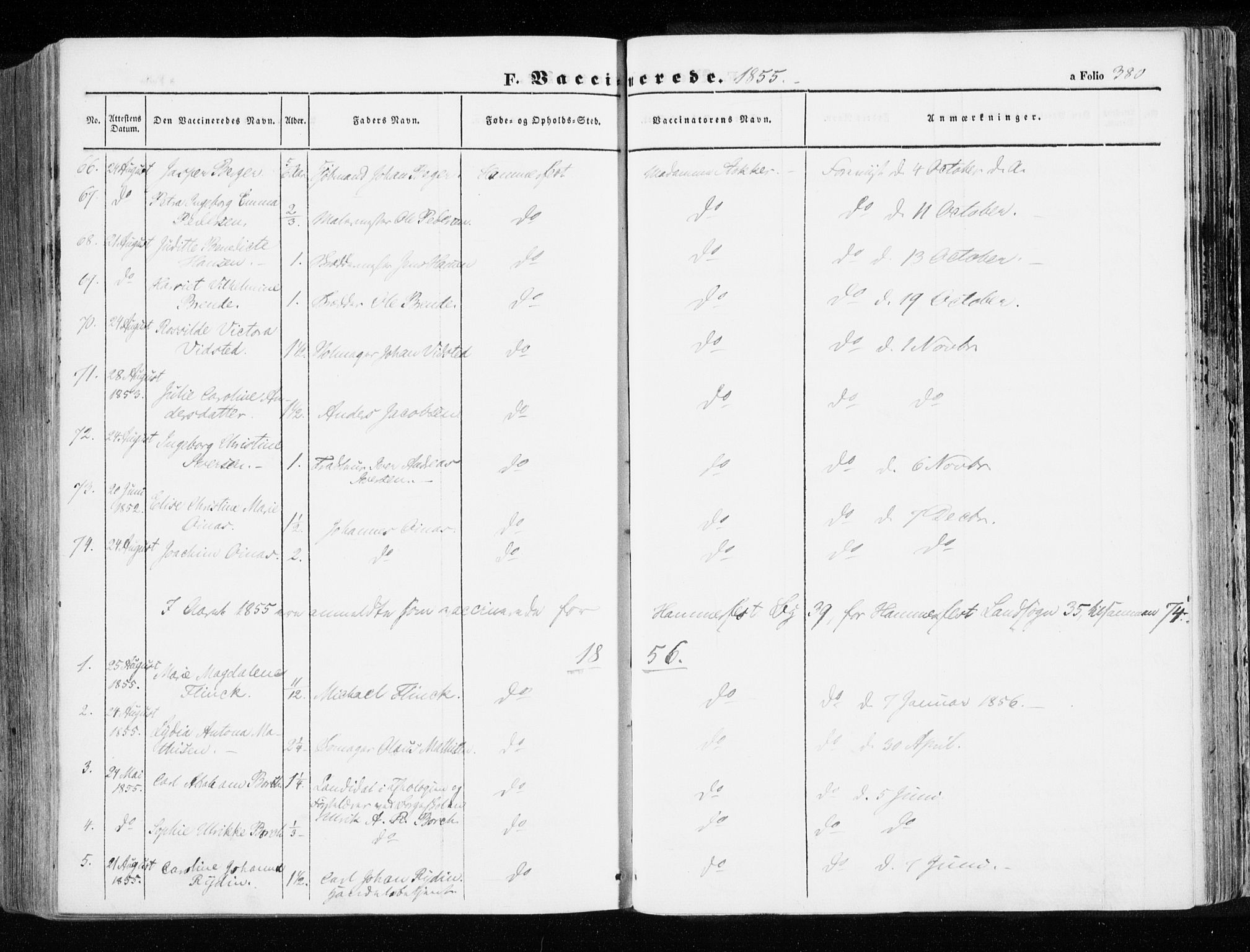 Hammerfest sokneprestkontor, SATØ/S-1347/H/Ha/L0004.kirke: Parish register (official) no. 4, 1843-1856, p. 380