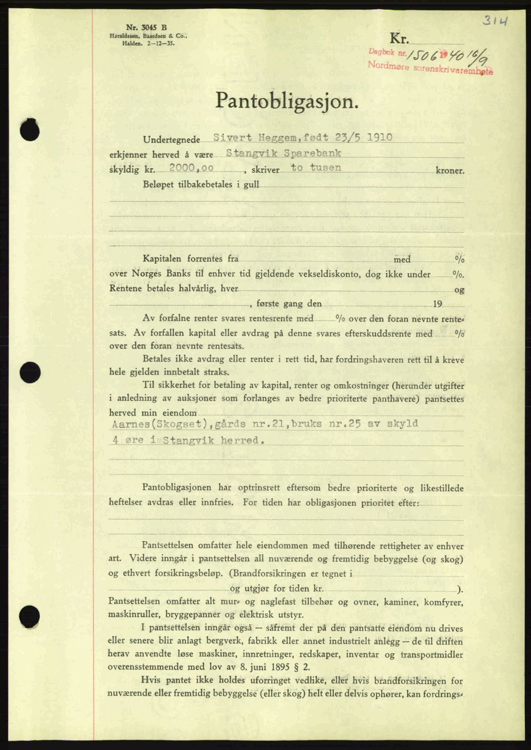 Nordmøre sorenskriveri, AV/SAT-A-4132/1/2/2Ca: Mortgage book no. B87, 1940-1941, Diary no: : 1506/1940