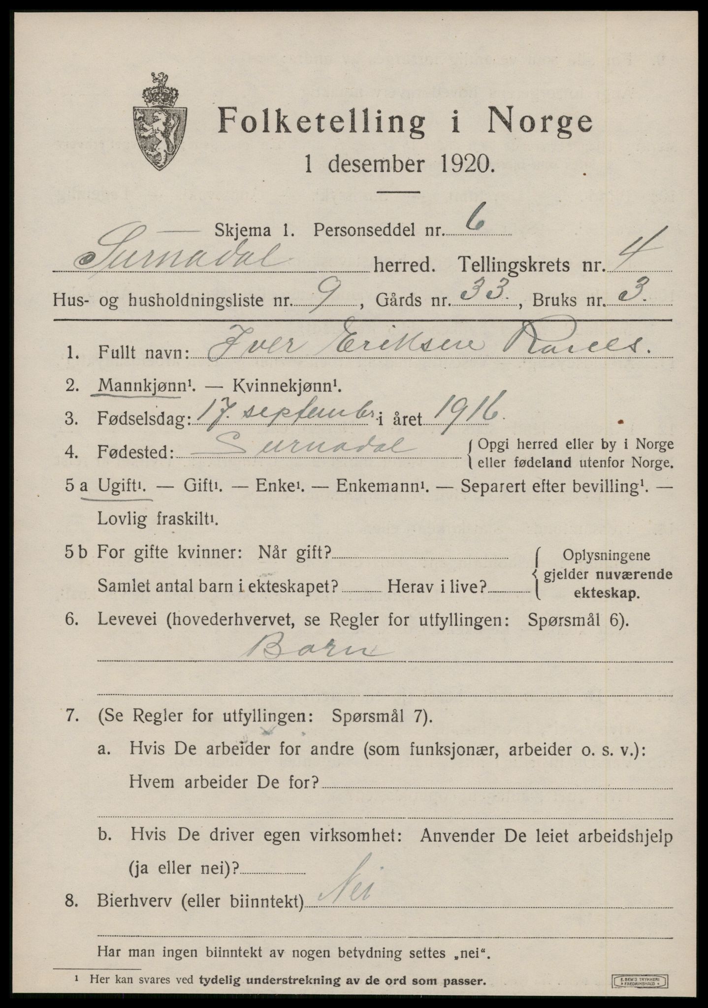 SAT, 1920 census for Surnadal, 1920, p. 3181