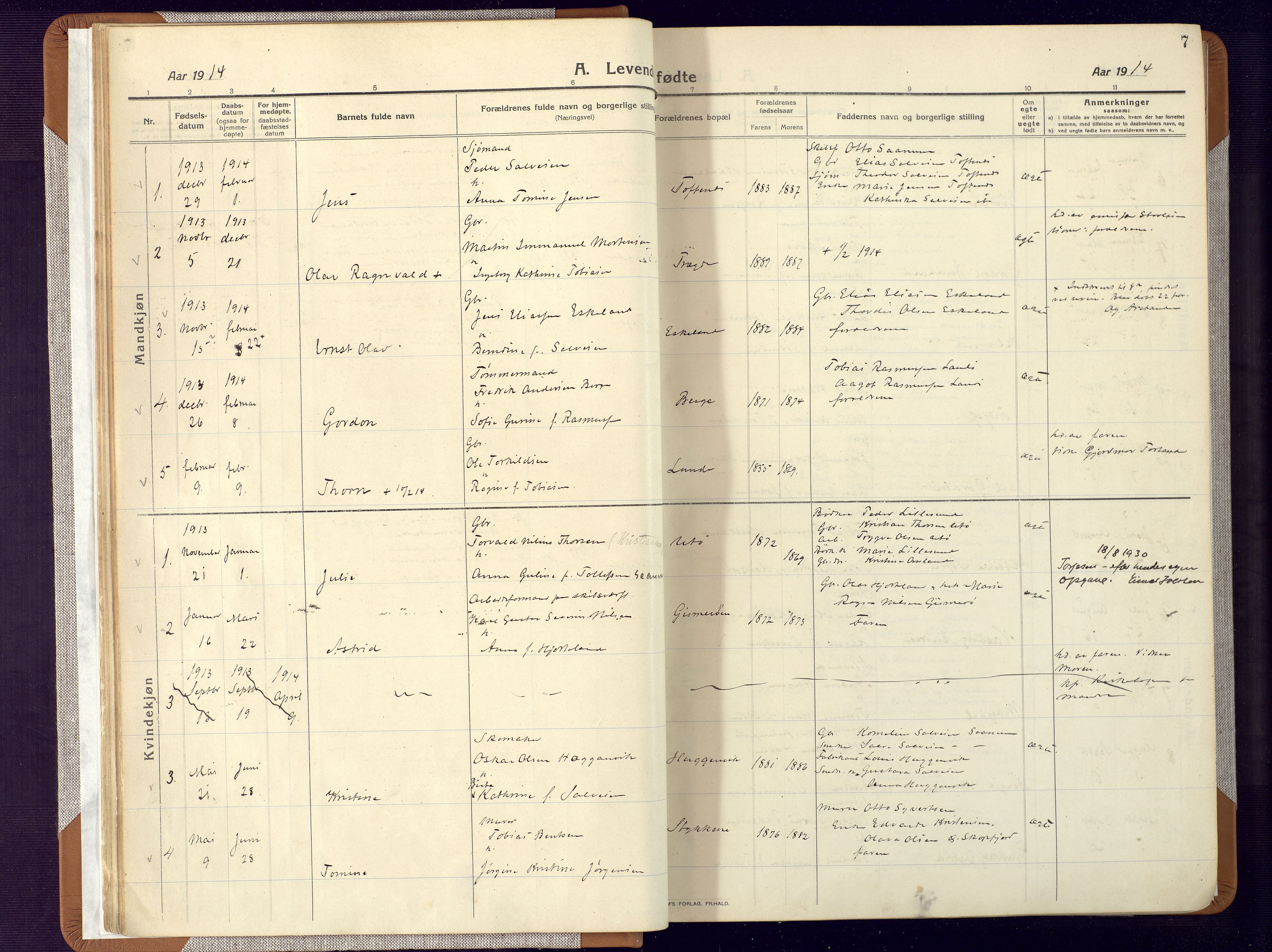 Mandal sokneprestkontor, SAK/1111-0030/F/Fa/Faa/L0022: Parish register (official) no. A 22, 1913-1925, p. 7
