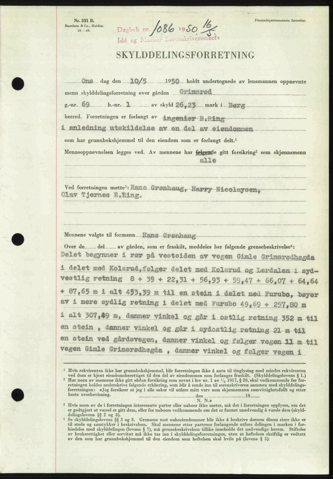 Idd og Marker sorenskriveri, AV/SAO-A-10283/G/Gb/Gbb/L0014: Mortgage book no. A14, 1950-1950, Diary no: : 1086/1950