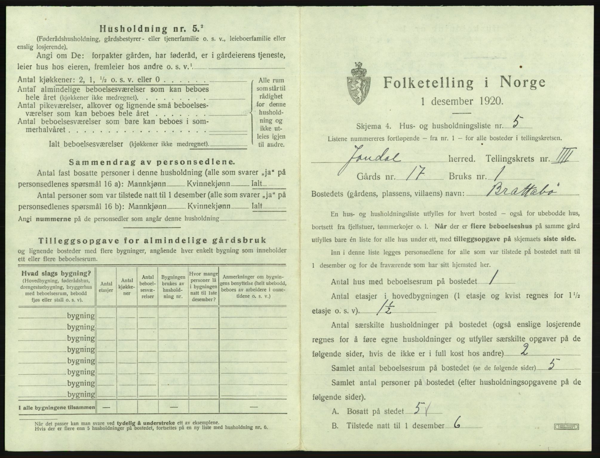 SAB, 1920 census for Jondal, 1920, p. 310