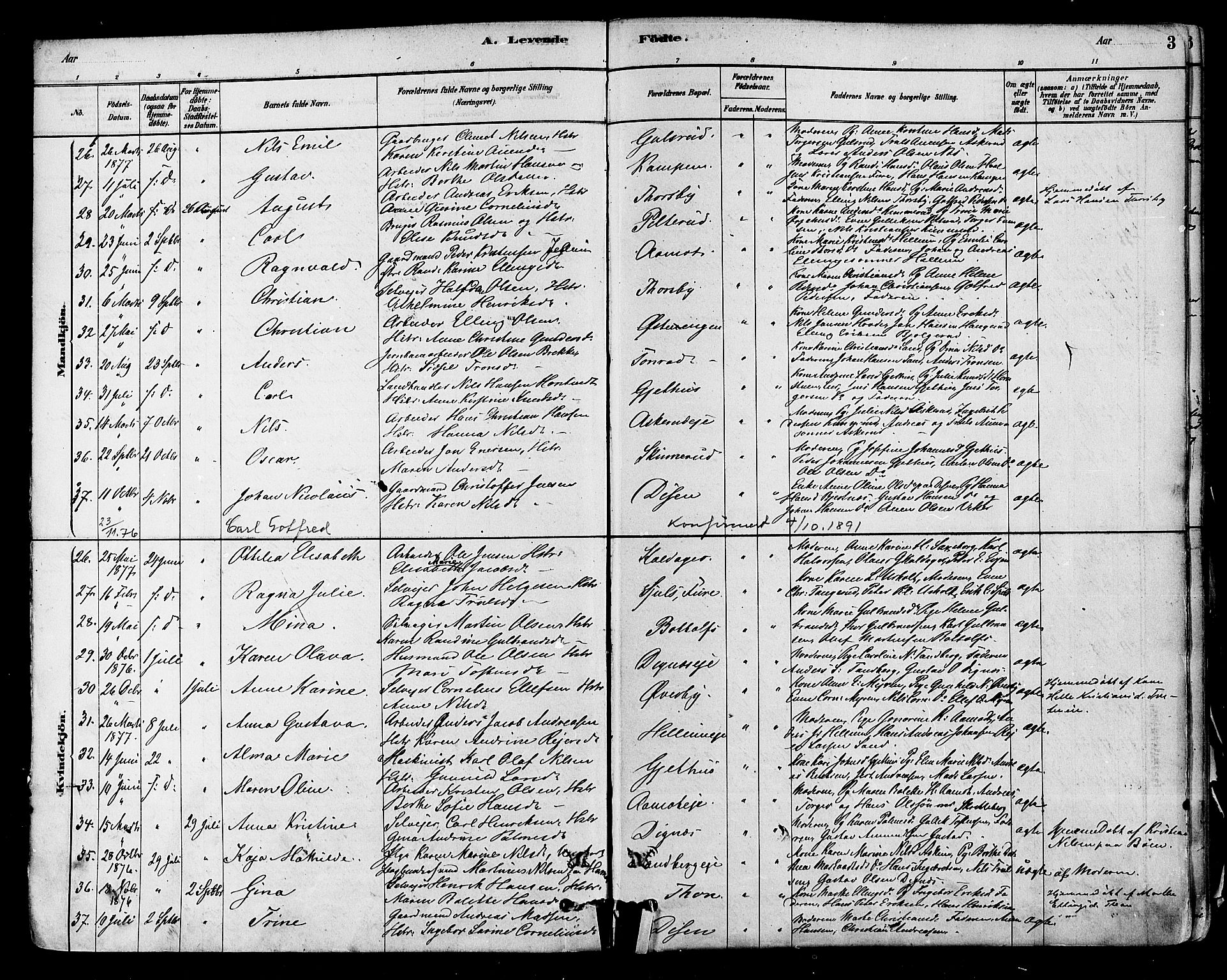 Modum kirkebøker, AV/SAKO-A-234/F/Fa/L0011: Parish register (official) no. 11, 1877-1889, p. 3