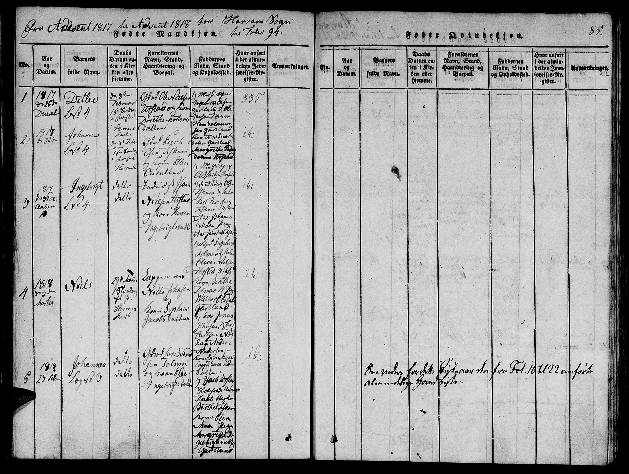 Ministerialprotokoller, klokkerbøker og fødselsregistre - Nord-Trøndelag, SAT/A-1458/764/L0546: Parish register (official) no. 764A06 /5, 1818-1821, p. 85