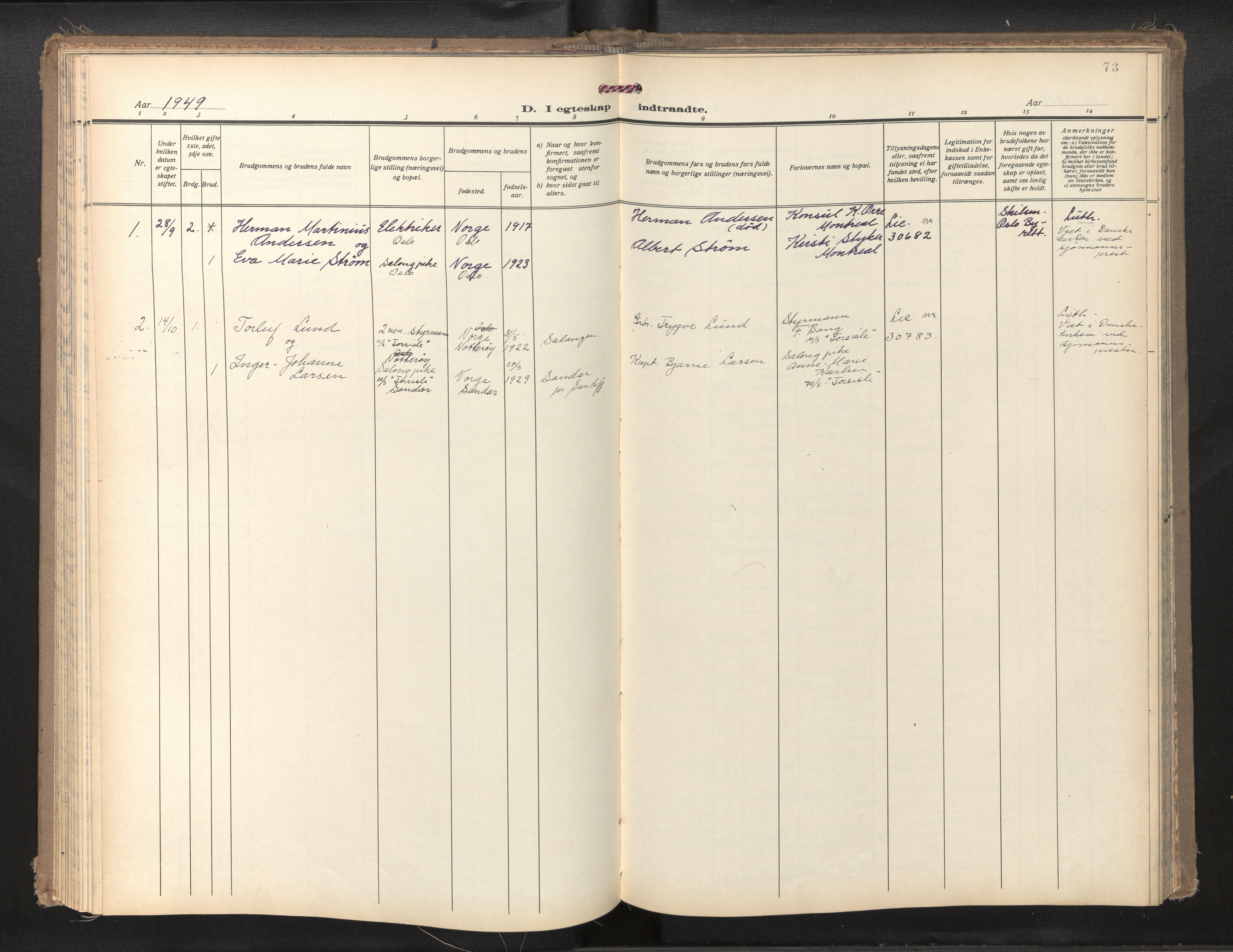 Den norske sjømannsmisjon i utlandet/Montreal-Halifax, SAB/SAB/PA-0116/H/Ha/L0001: Parish register (official) no. A 1, 1929-1960, p. 72b-73a